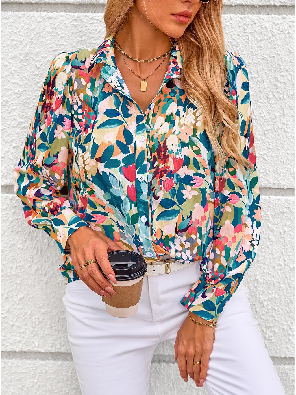 PRETTYGARDEN Women's Floral Blouses Dressy Casual V Neck Button Down Shirts Lantern Long Sleeve Boho Chiffon Spring Tops 2026(Floral Blue Green,M)