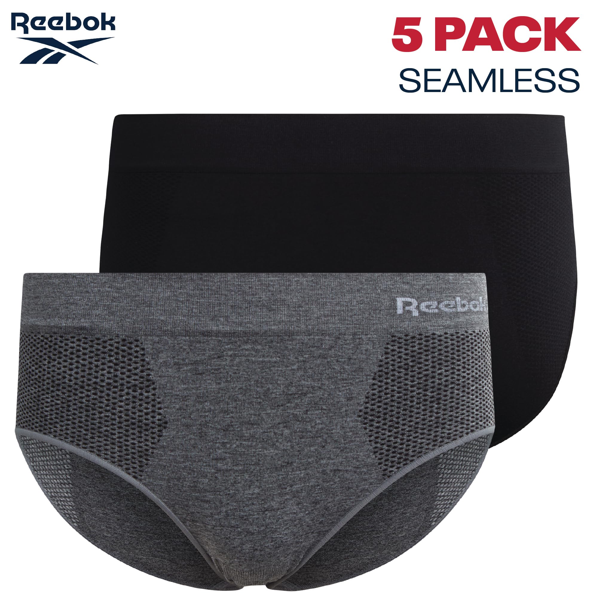 Reebok Hipster Panties for Women - 5 Pack Stretch Performance Seamless Underwear with Relaxed Tagless Waist (S-XL), Size Medium, Black/Charcoal/Heather Grey Melange/Black/Steel Grey