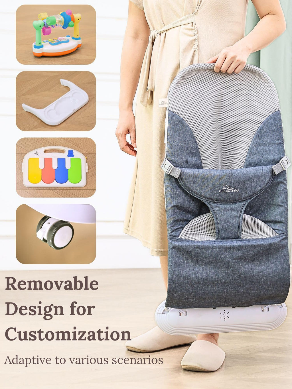 CuddoBaby Baby Bouncer 4-in-1 on Wheels |Detachable Pianos, Feeding Tray| 3-Level Recline Foldable Seat with Play Bar for Infant to Toddler 0-6, 0-12, 12-24 Months, Boy Gift Idea - Blue