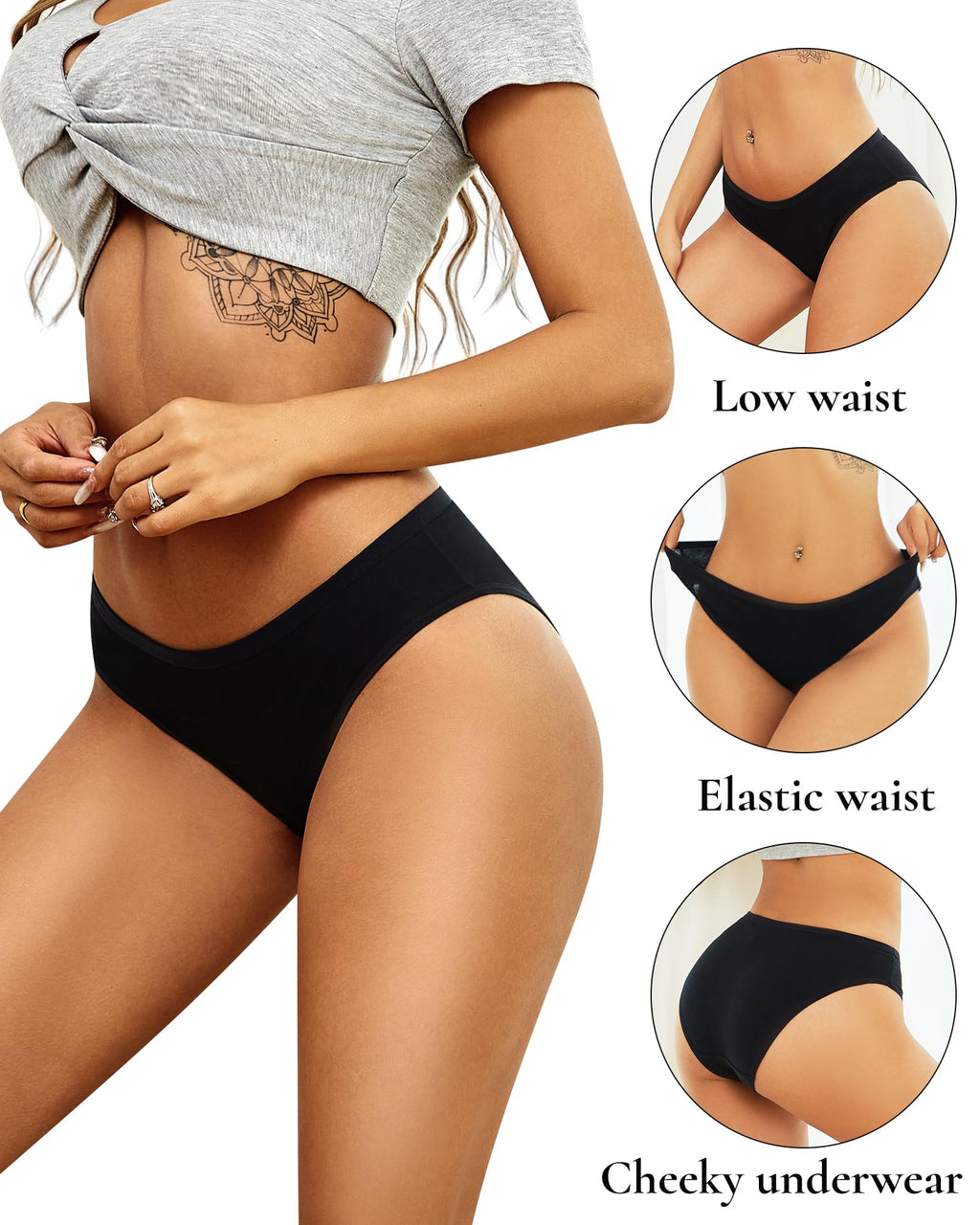 ALL OF SHE Womens Underwear Cotton Hipster Panties Breathable Sexy Cheeky Stretch Soft Ladies Bikini Underwear 6 Pack S-XXL