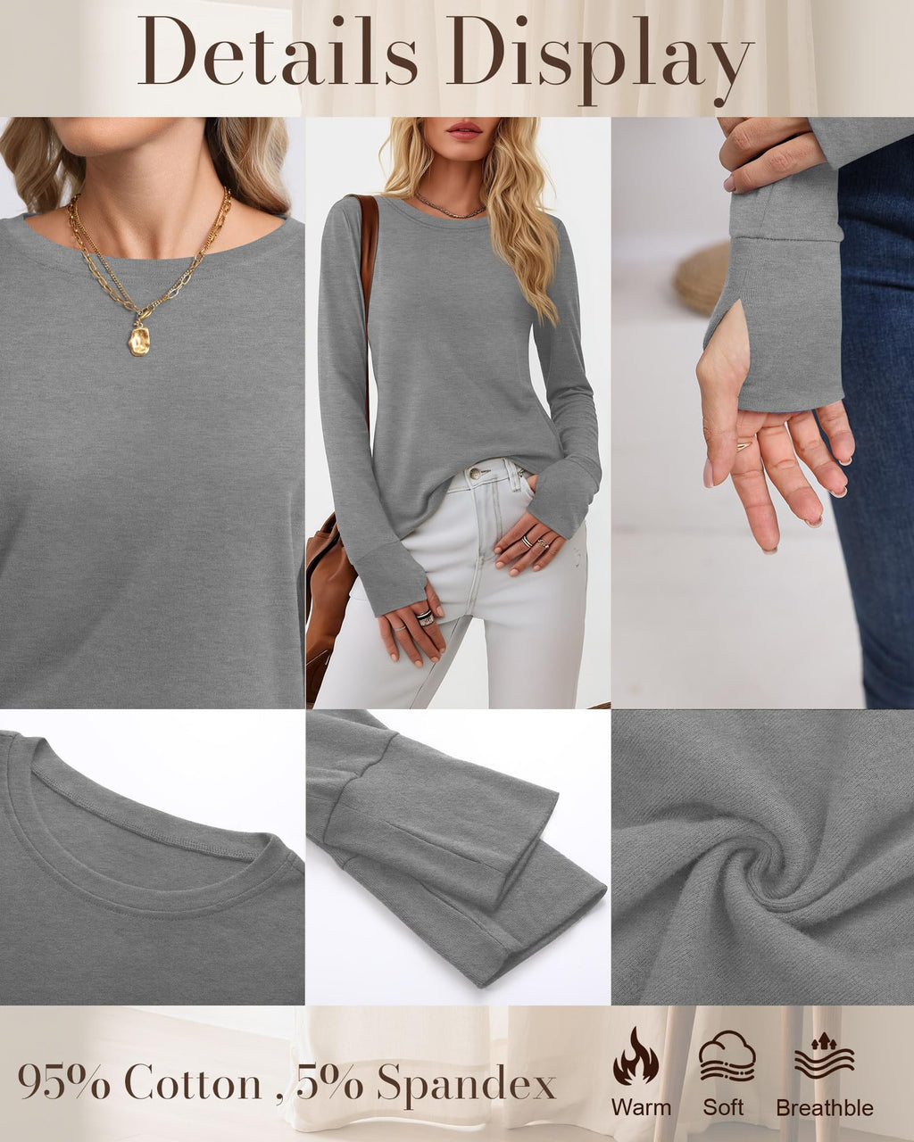 Huukeay 3 Pack Women's Long Sleeve Shirts with Thumb Holes, Cotton Casual Crew Neck Tunic Tops Fall Loose Y2k Trendy Outfits(Black, Grey, White,XL)