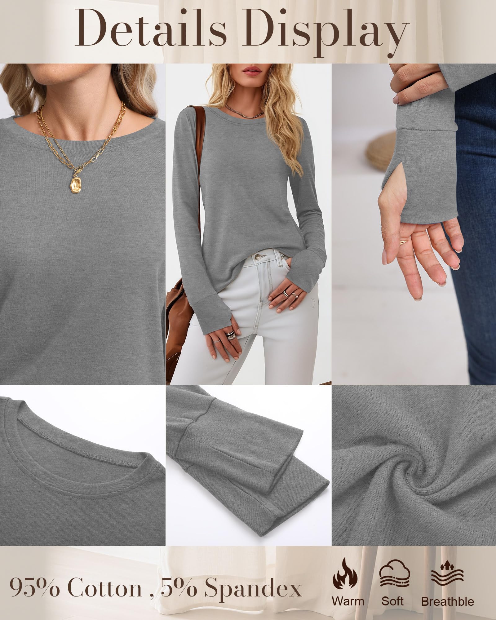 Huukeay 3 Pack Women's Long Sleeve Shirts with Thumb Holes, Cotton Casual Crew Neck Tunic Tops Fall Loose Y2k Trendy Outfits(Black, Grey, White,XL)