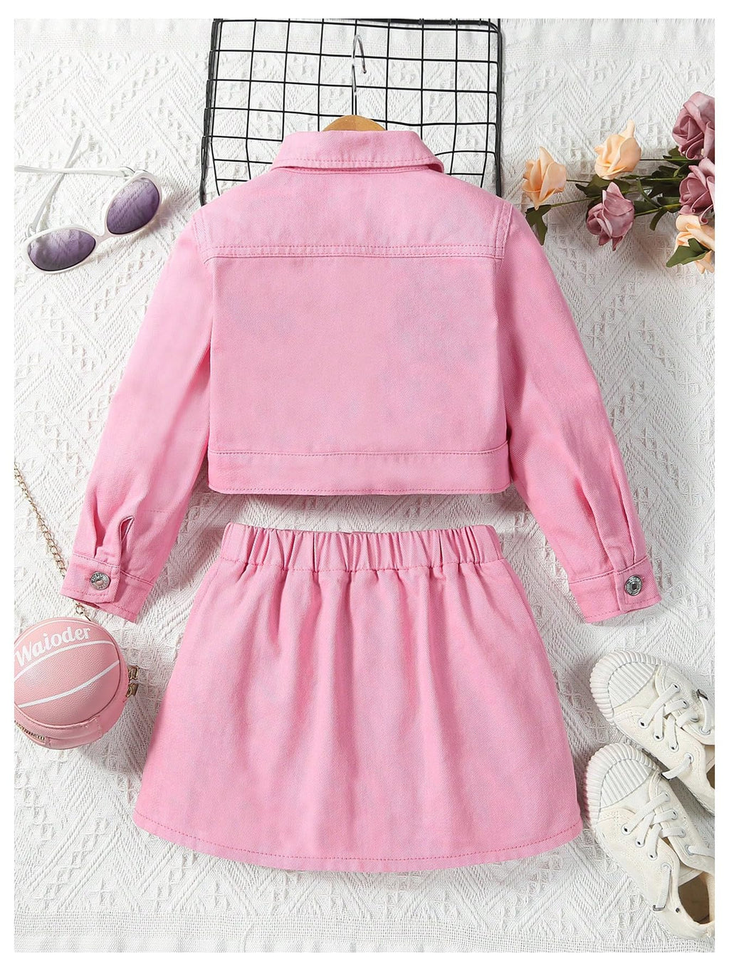 WDIRARA Girl's 2 Piece Outfits Button Front Long Sleeve Denim Jacket and A Line Skirt Set Pink 4Y
