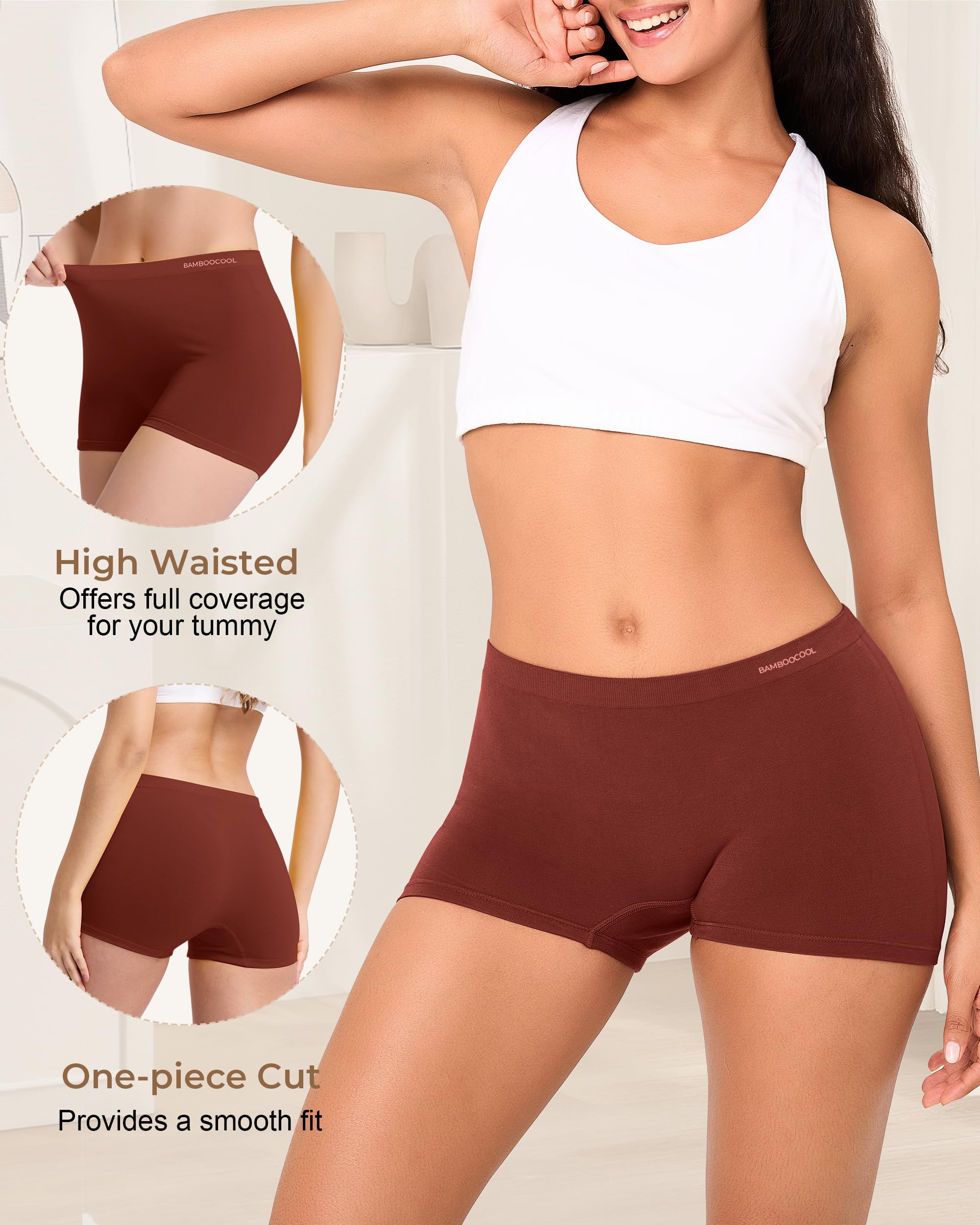 BAMBOO COOL Seamless Boyshort Underwear for Women Mid Waist Stretchy Panties Moisture Wicking Boxer Briefs 5 Pack