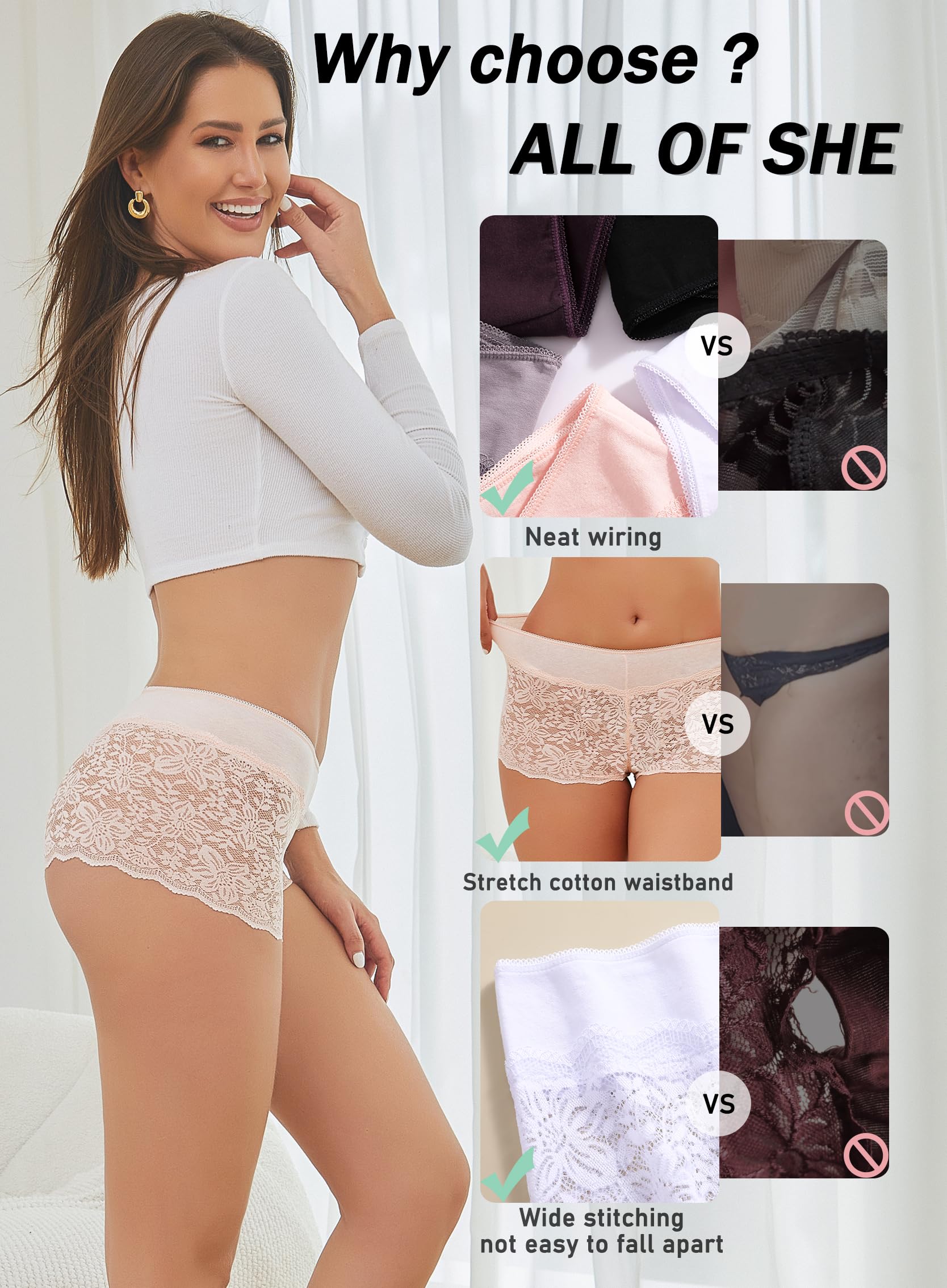 ALL OF SHE Lace Boyshort Sexy Underwear Womens Panties Cheeky Plus Size Lingerie Stretch Cotton Waistband S-3XL 5 Pack