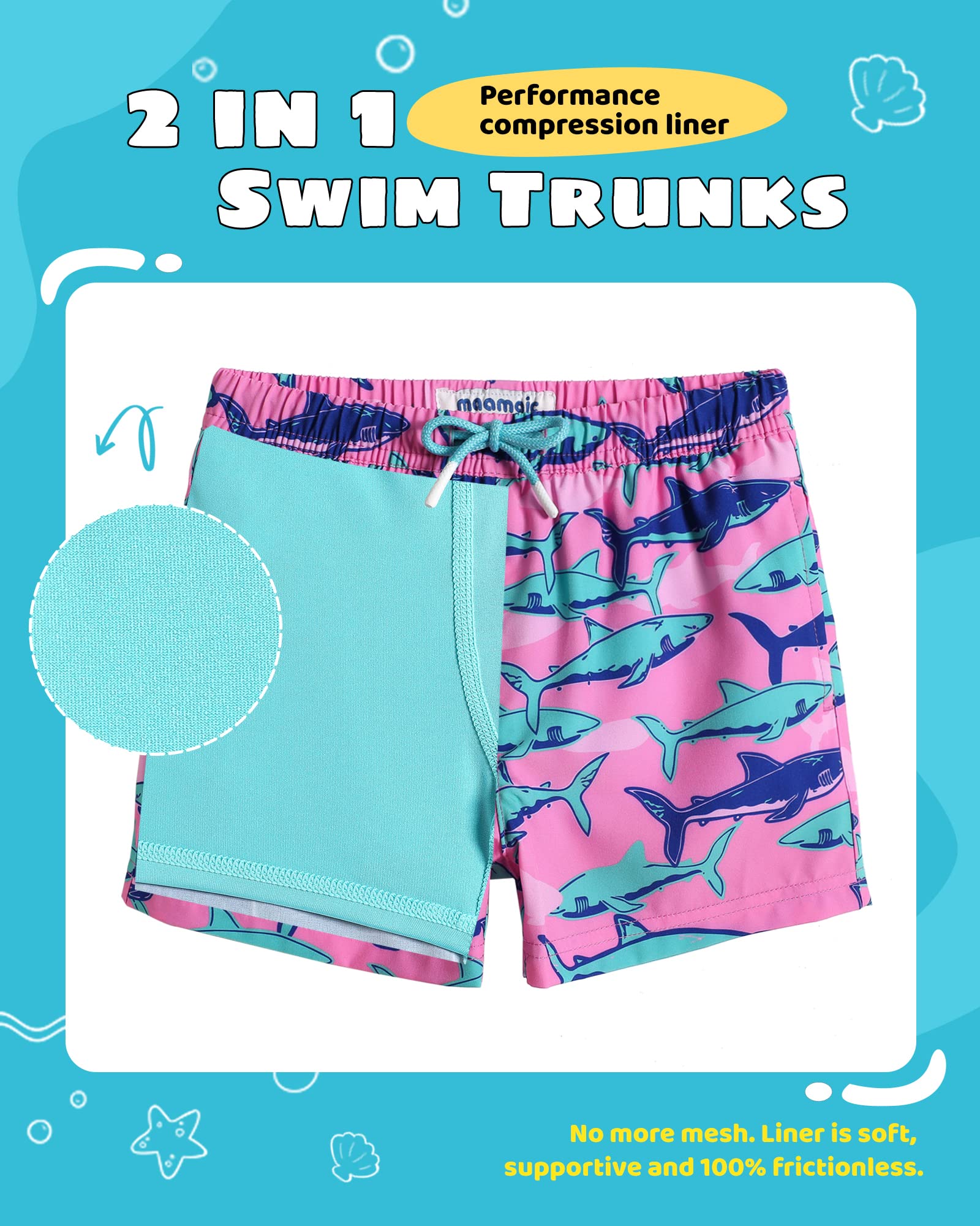 maamgic Boys Swim Trunks with Compression Liner Toddler Stretch Swim Shorts Quick Dry Swimming Trunks Boxer Brief 2 in 1 Beach Shorts Pink Blue Shark 5/6