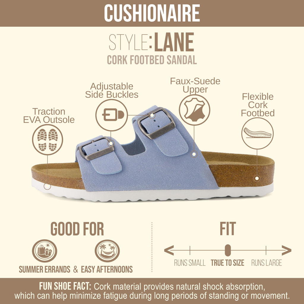 CUSHIONAIRE Lane Cork Footbed Womens Sandals Comfortable Double Buckle Slip On Sandals for Women with Arch Support and Classic Two Strap Design, BLUE 11