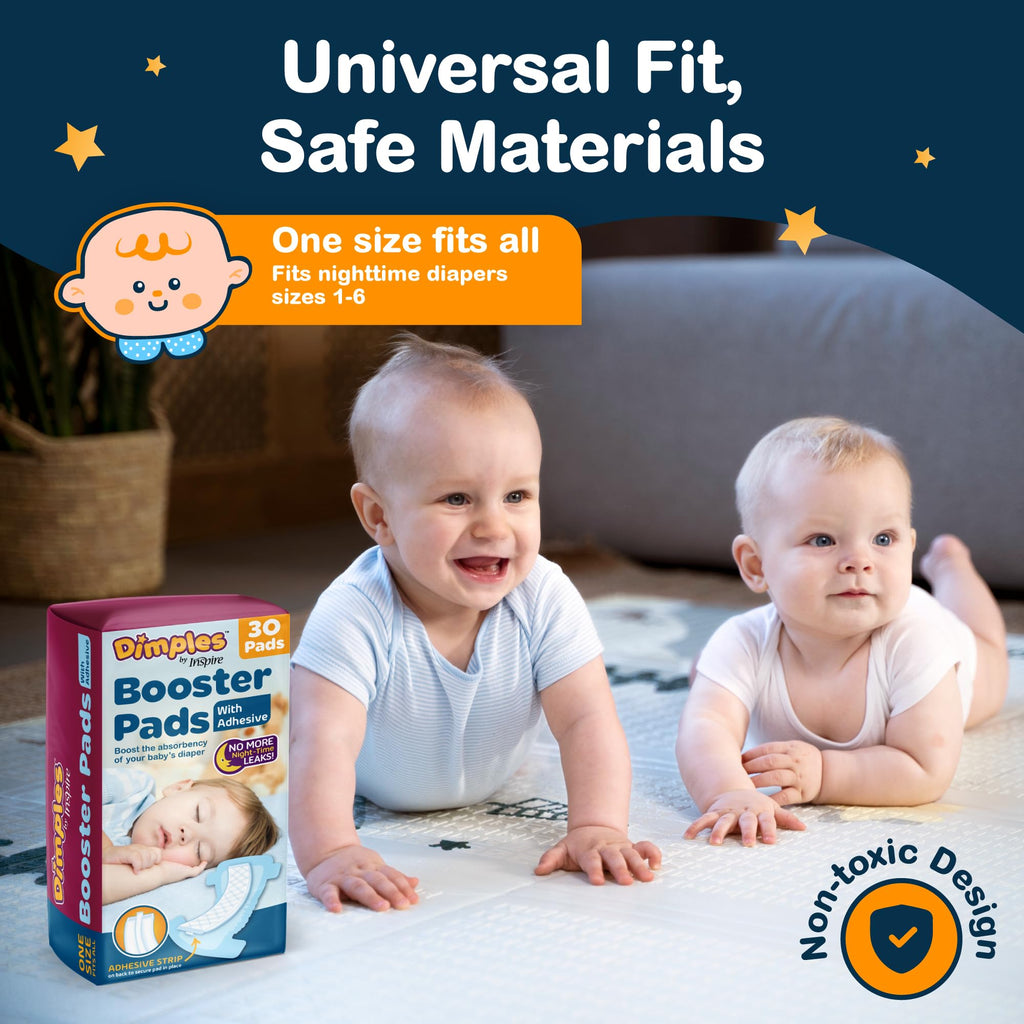 Inspire Dimples Booster Pads, Baby Diaper Doubler with Adhesive - 1 Size Fits All Diapers - Boosts Diaper Absorbency - No More leaks 90 Count (with Adhesive for Secure Fit)
