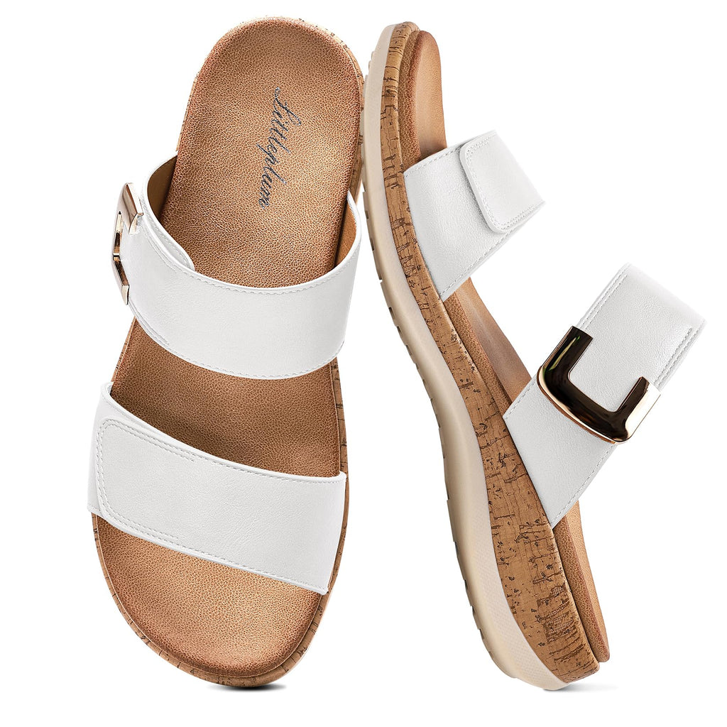 Littleplum Women Slides Sandals Arch Support Open Toe Slip on Sandals Soft Cushion Slippers Comfy Casual Summer Shoes for Walking Beach Travel Retro White Size 9