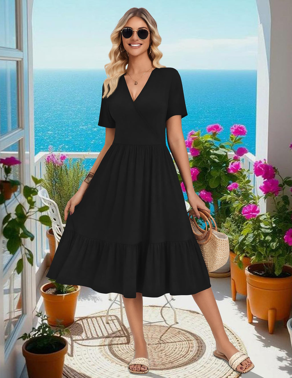 Zeagoo Women's V Neck Wrap Summer Casual Midi Tiered A Line Flowy Wedding Guest Dress with Pockets Short Sleeve Black Dresses