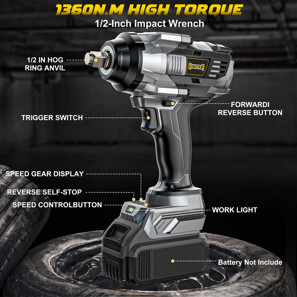 DIYtoolifz Cordless Impact Wrench 1/2 inch Compatible with DeWalt 20v Battery, 1000Ft-lbs(1360N.m) High Torque Impact Driver with 4-Modes, LED Light, Electric Impact Gun for Car/Truck/Mower(Bare Tool)