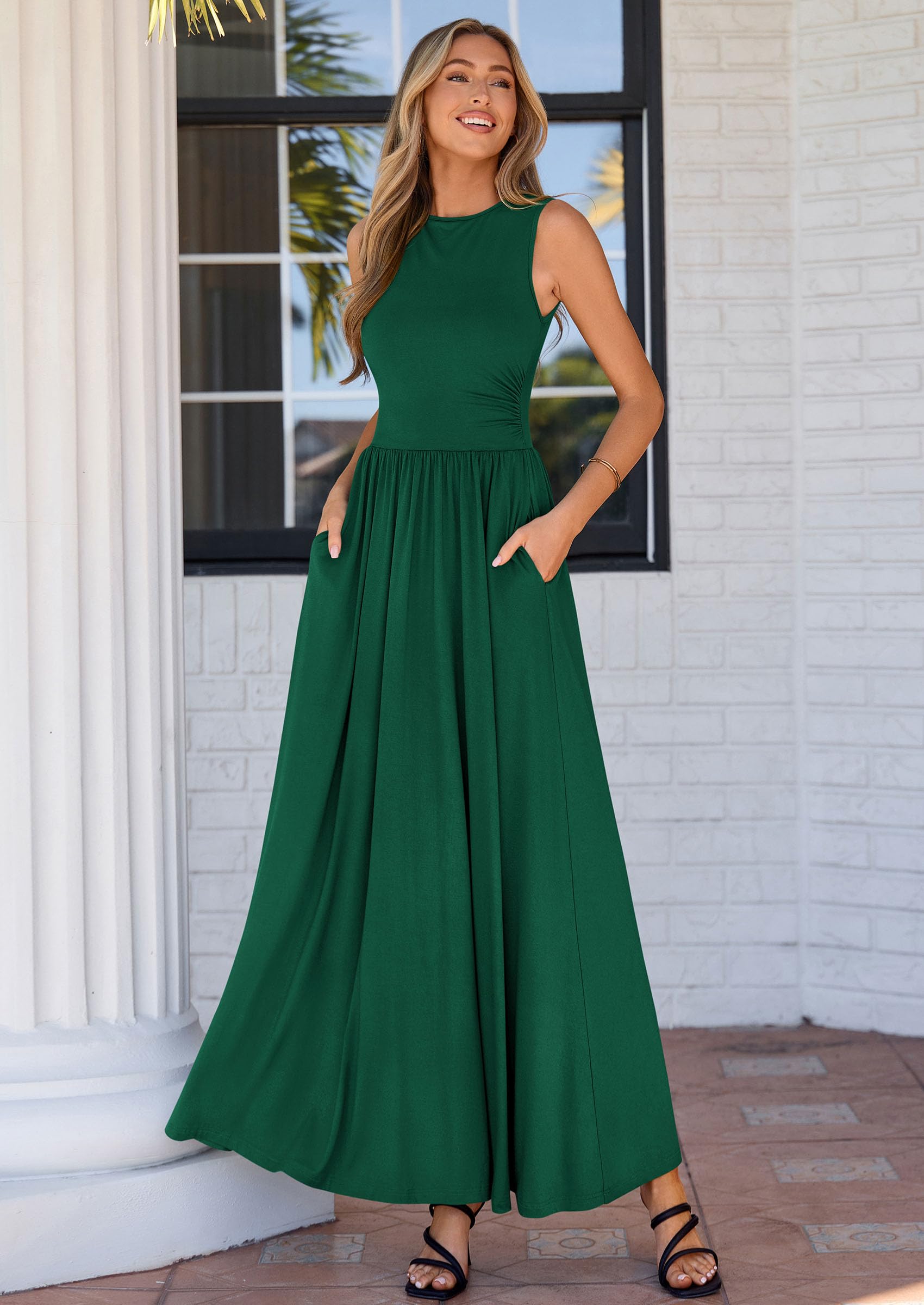 PRETTYGARDEN Summer Maxi Dresses for Women 2026 Sleeveless A Line Flowy Long Casual Sundress Wedding Guest Fashion Clothing (Green,Medium)