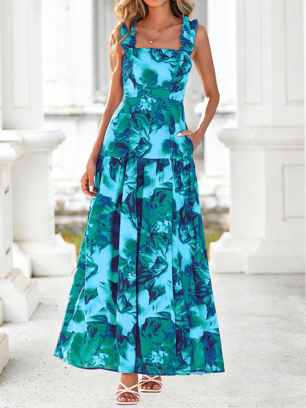 BTFBM Dresses for Women Summer 2026 Formal Sleeveless Smocked Floral Long Wedding Guest Dress Party Spring (Floral Lake Blue,Medium)