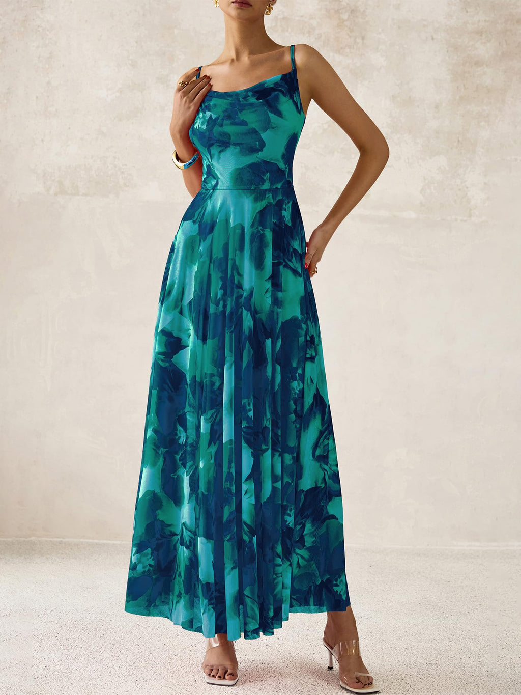 BTFBM Women Summer Floral Maxi Dresses Elegant Spaghetti Strap Dress Printed Party Dress Beach Long Dresses(Floral Lake Blue,Large)
