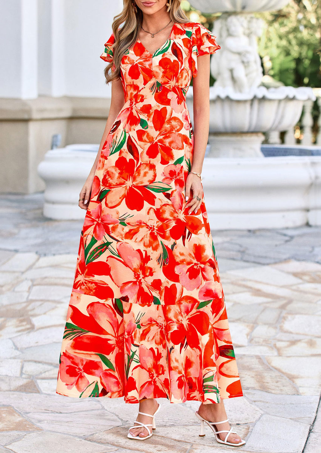 PRETTYGARDEN Spring Dresses for Women 2026 Summer Boho Floral Ruffle Short Sleeve Flowy Beach Wedding Guest Maxi Long Dress(Print Orange,X-Large)