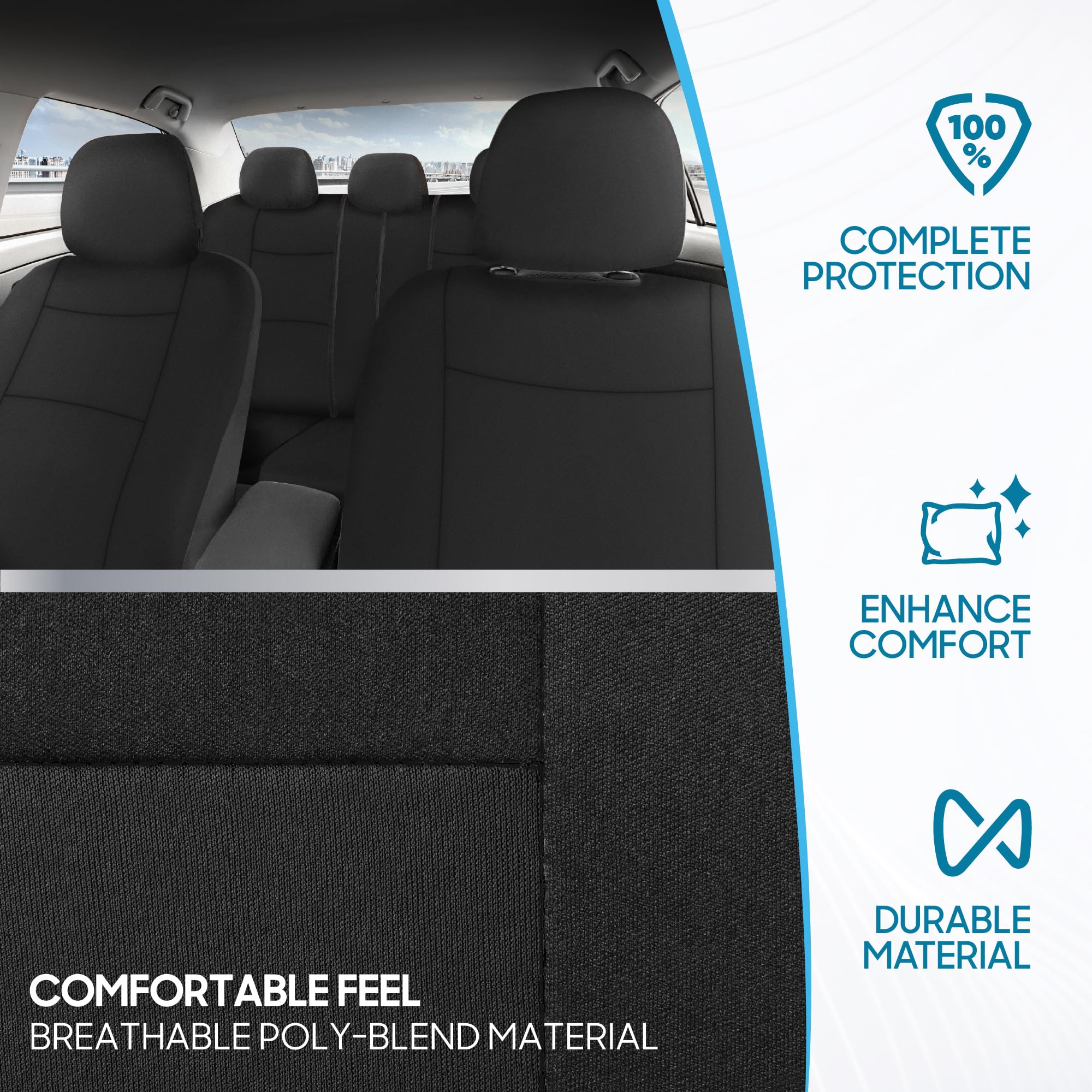 BDK PolyPro Car Seat Covers Full Set in Solid Black, Front and Rear Split Bench Seat Covers for Cars, Easy to Install Car Seats Cover Set and Accessories for Auto Trucks Van SUV - Solid Black