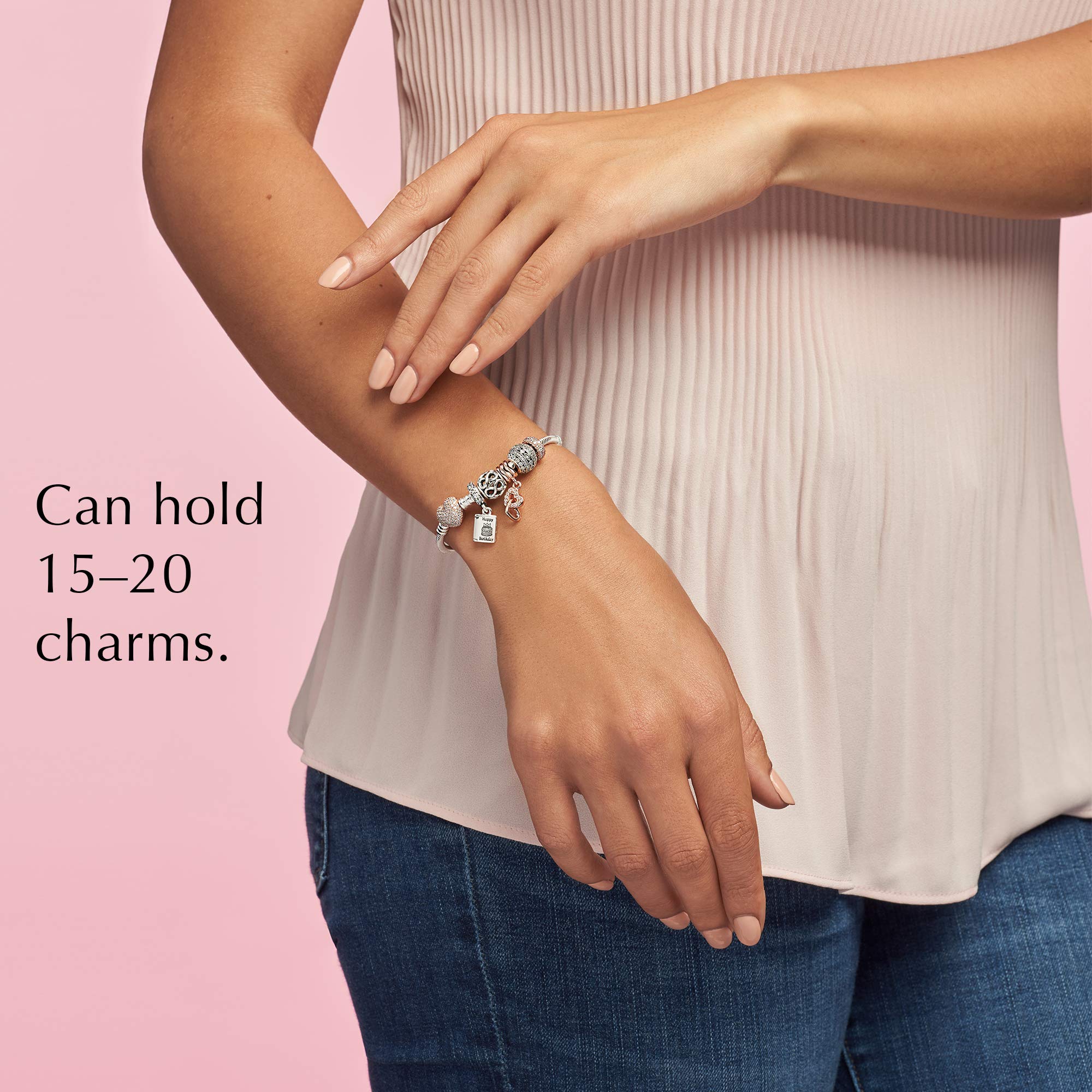 Pandora Jewelry - Moments Pave Heart Clasp Snake Chain Cubic Zirconia Bracelet - Gift for Her - Pandora Rose - 6.7"