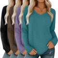 Velvelhall 4 Pack Women's Long Sleeve V Neck Shirts, Casual Loose Fit Tees Basic Tunic Tops Trendy Fall T-Shirts Outfits(Black, Brown, Light Purple, Turquoise,Large)