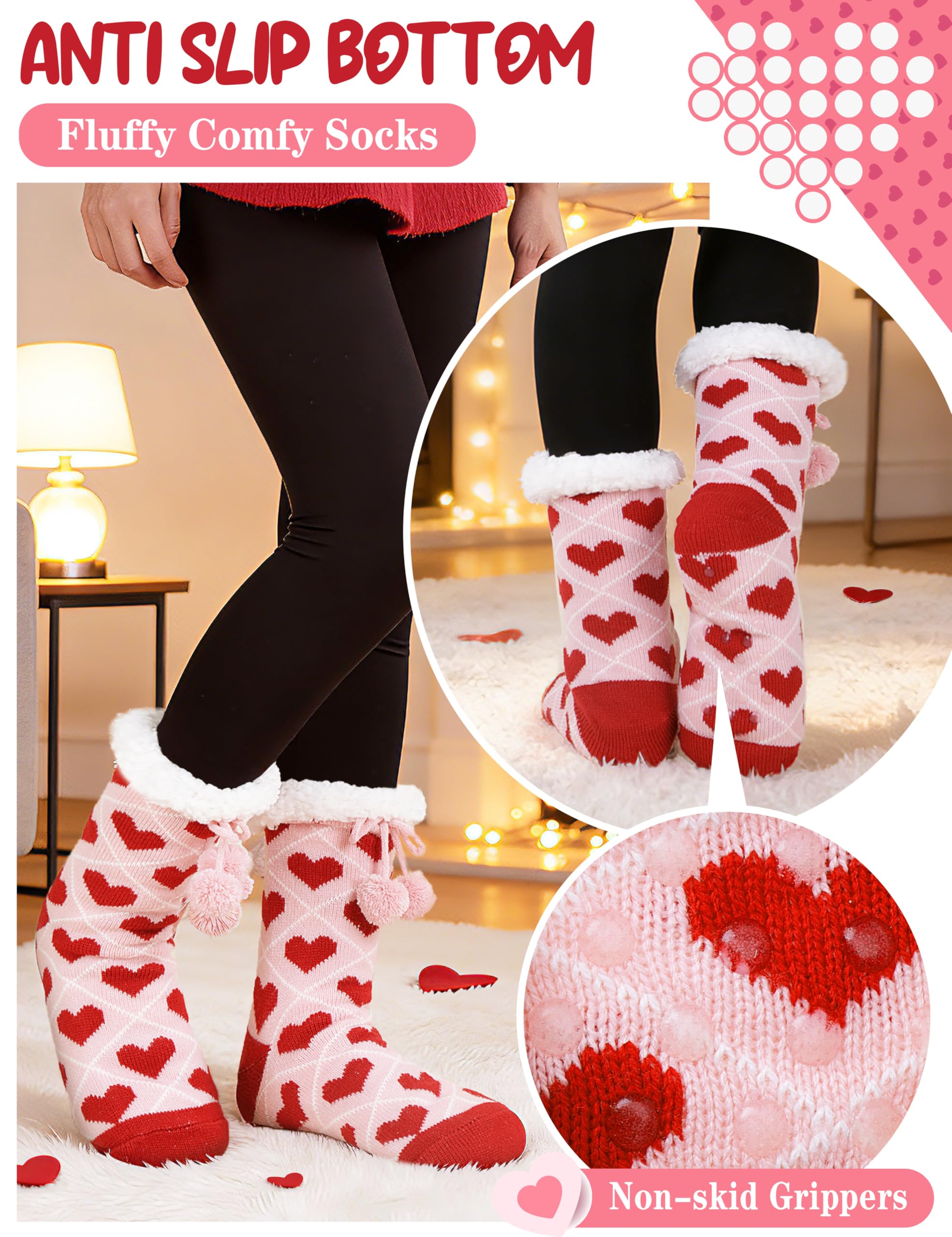 MOGGEI Fuzzy Slipper Socks for Women Galentines Day Gifts Fluffy Thermal Warm Winter Thick Cozy Non Slip Grips Plush Cabin Comfy Heart Socks Stocking Stuffers