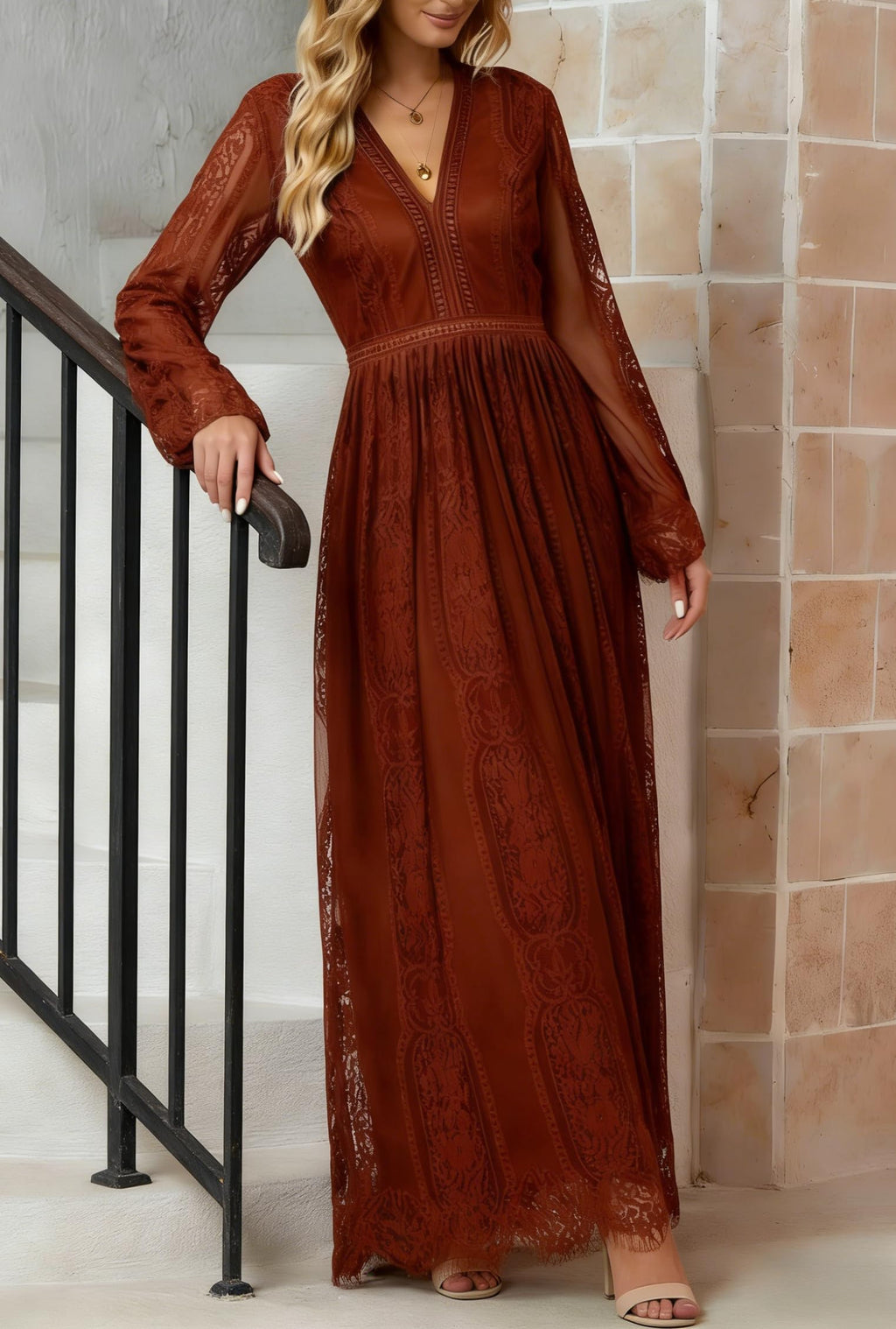 Cercis Women V-Neck Long Sleeve Floral Lace Formal Maxi Dress Spring Fall Flowy Party Dresses for Wedding Guest Rust