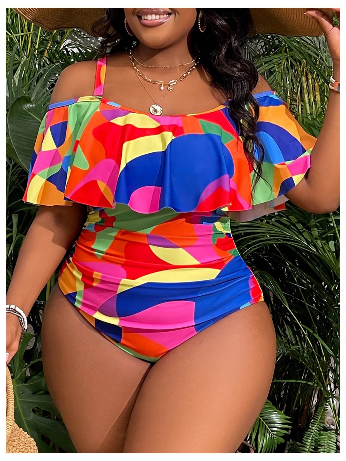 WDIRARA Women's Plus Size One Piece Swimsuit Color Block Ruffle Cold Shoulder Swimwear Multicolor X-Large Plus