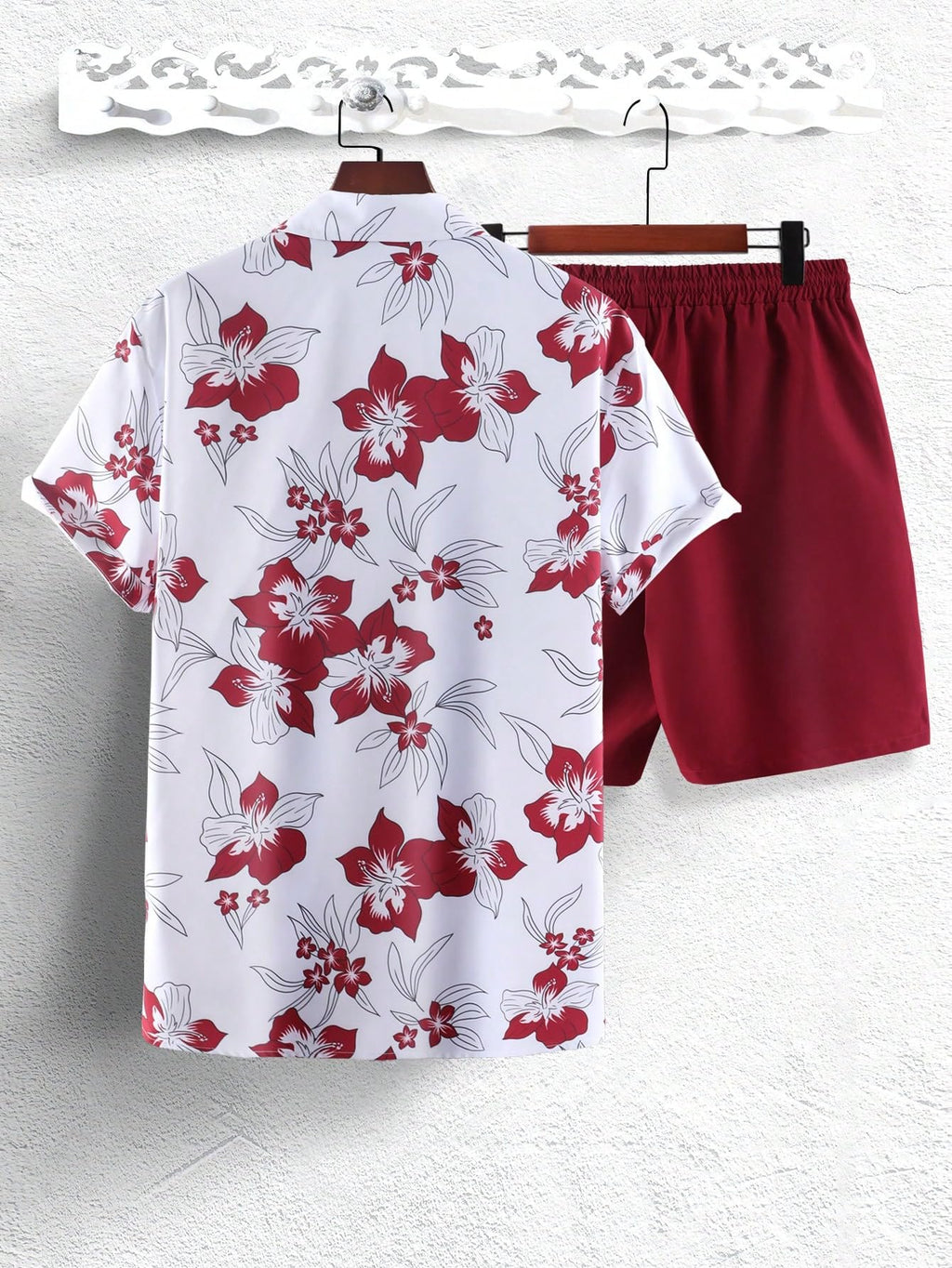 GORGLITTER Men's Vacation Beach Cruise Summer Outfits 2 Piece Shorts Set Hawaiian Button Down Shirt and Shorts Red and White X-Large