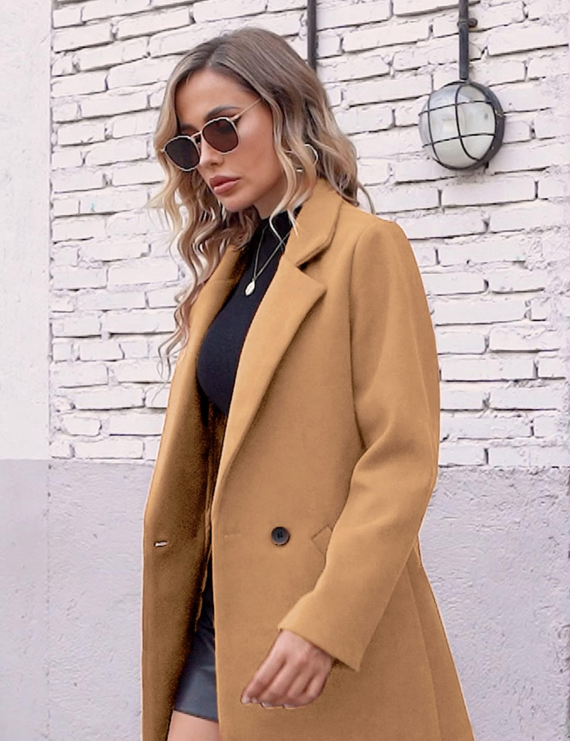 Hooever Women's Winter Wool Coat Casual Notch Lapel Single-Breasted Peacoat(khaki-M01)