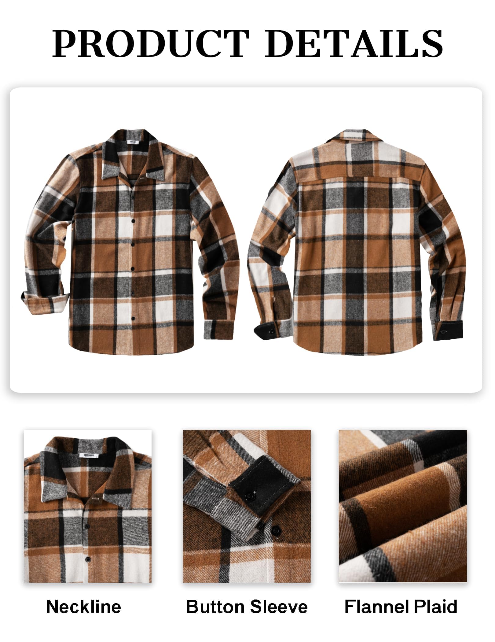 COOFANDY Men's Fleece Lined Button Up Shirt Vintage Orange Flannel Jacket for Men Long Sleeve Classic Plaid Shirts