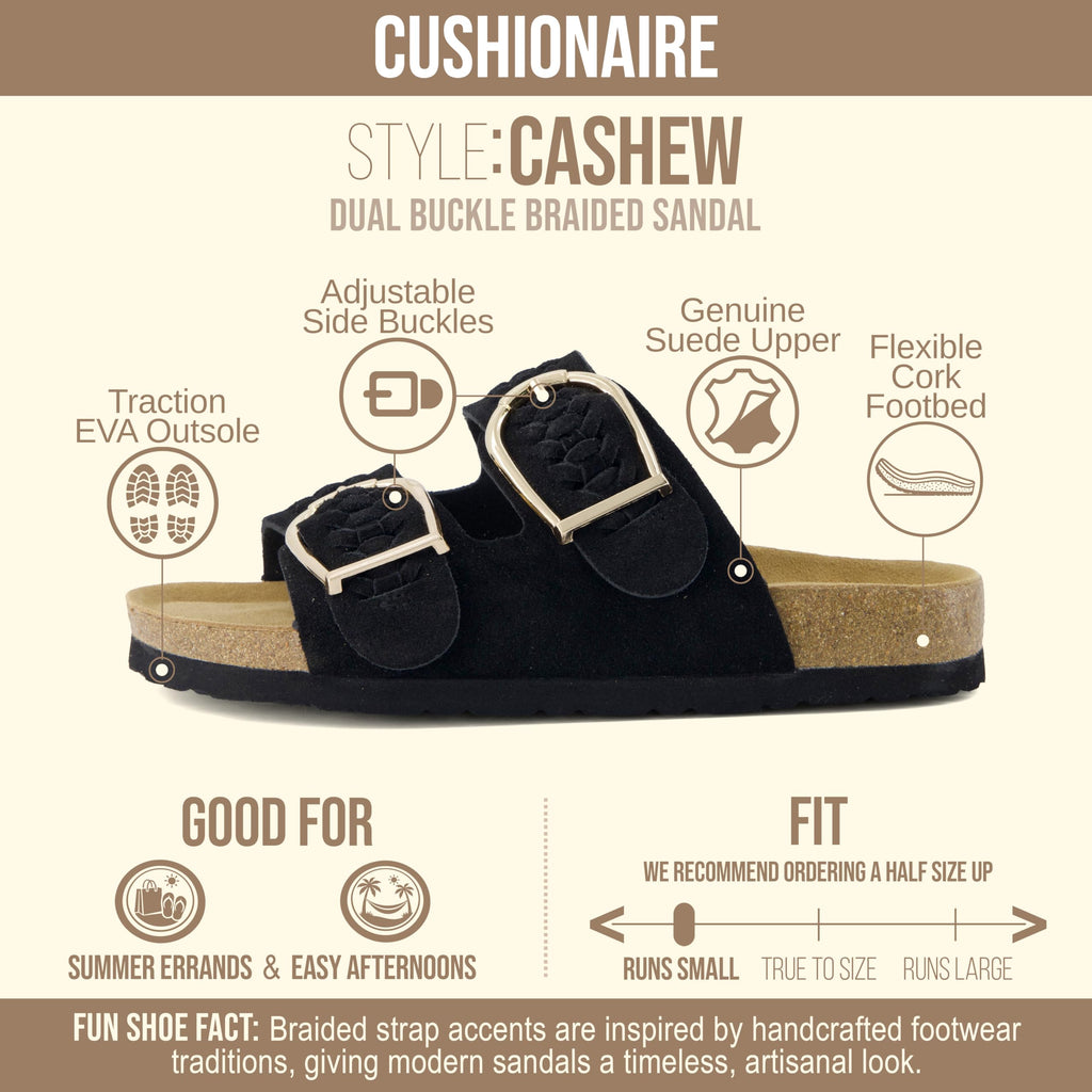 CUSHIONAIRE Cashew Slip On Womens Sandals, Genuine Suede Leather Braided Double Strap Slide On Sandals with Adjustable Big Buckle for Women 2026, Black 8
