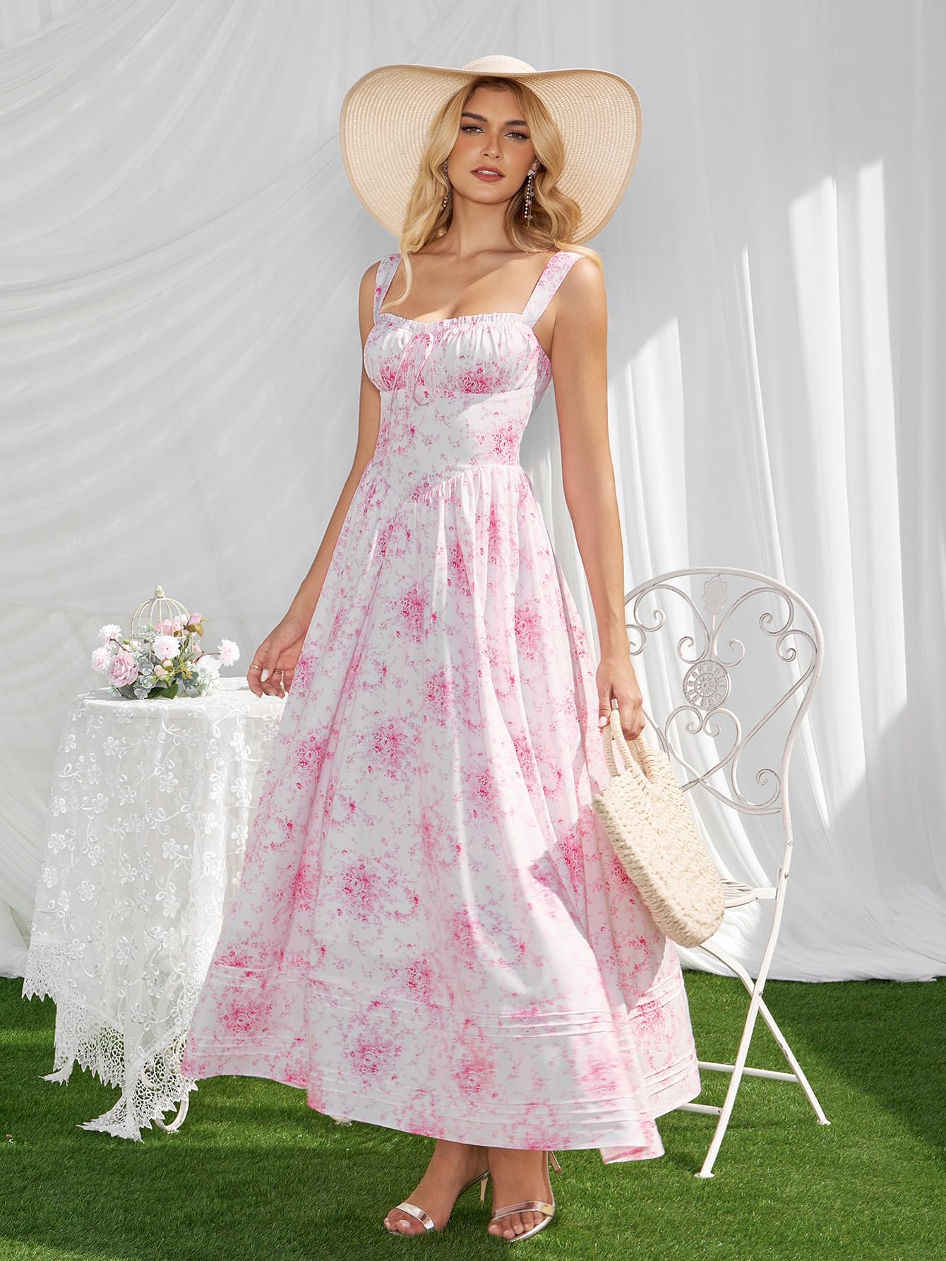 HTZMO Floral Summer Wedding Guest Party Long Dress Square Neck A Line Casual Vacation Milkmaid Maxi Sundress for Women PinkFloral M