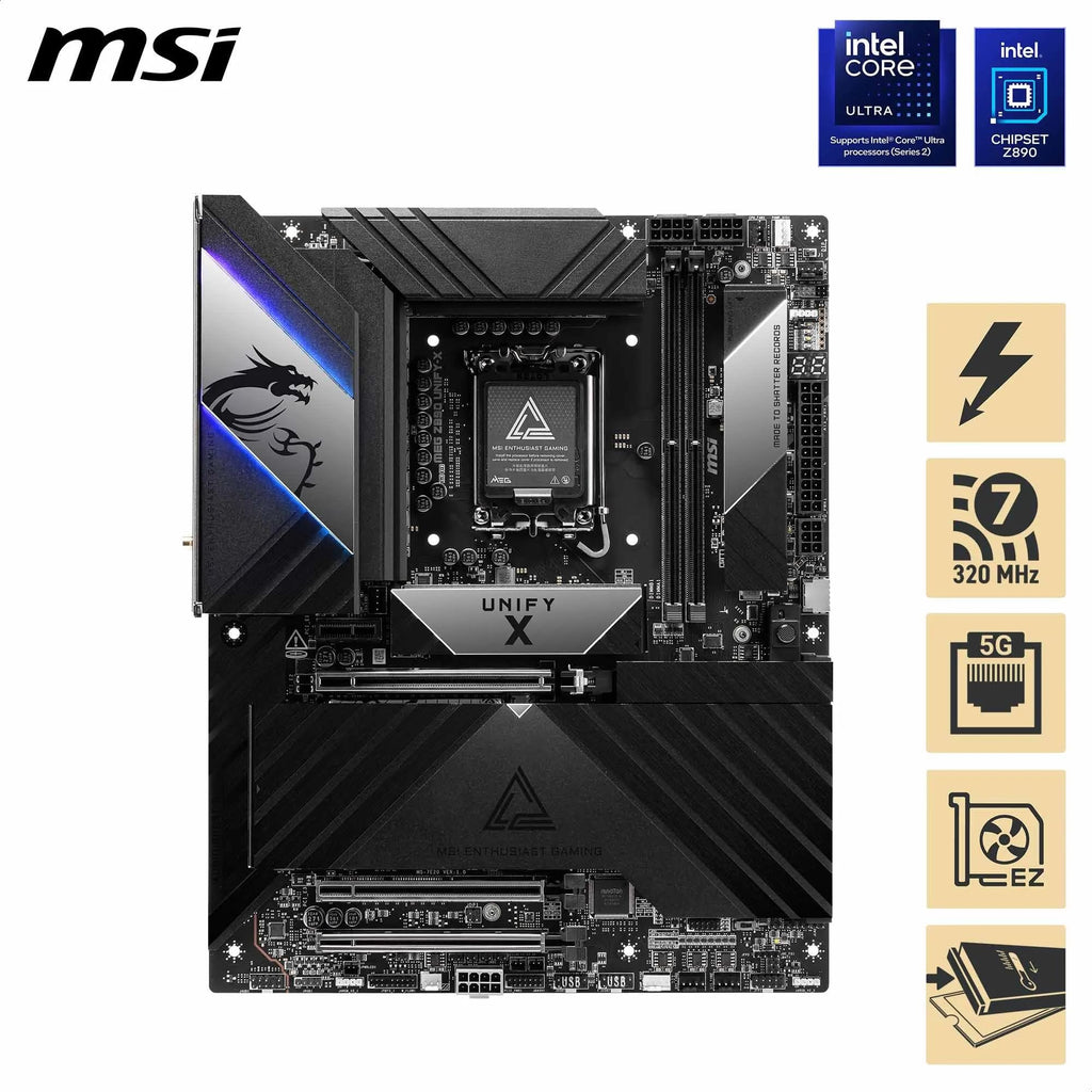MSI MEG Z890 Unify-X Motherboard, ATX - Supports Intel Core Ultra Processors (Series 2), LGA 1851-110A SPS, DDR5 Memory (9600+ MT/s OC), PCIe 5.0 & 4.0 x16, M.2 Gen5, Thunderbolt 4, Wi-Fi 7, 5G LAN