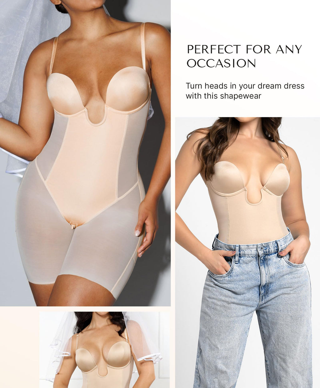 SHAPELLX Backless Strapless Shapewear Low Back Bodysuit Plunge Bra Body Shaper Bridal Shapewear for Wedding Dress L+