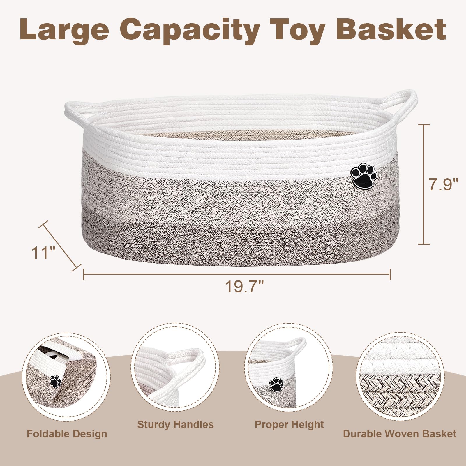 Optish Dog Toy Basket, Toy Box and Bin for Dog Cat Storage, 19.7" X 11" X 7.9" (30L) Large Woven Rope Basket for Blanket Storage, Living Room, Bedroom, White & Brown