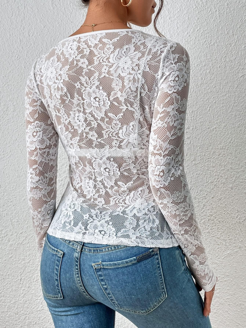 WDIRARA Women's Floral Embroidery Mesh Lace Top V Neck Sheer Long Sleeve Blouse Scallop Trim White Medium