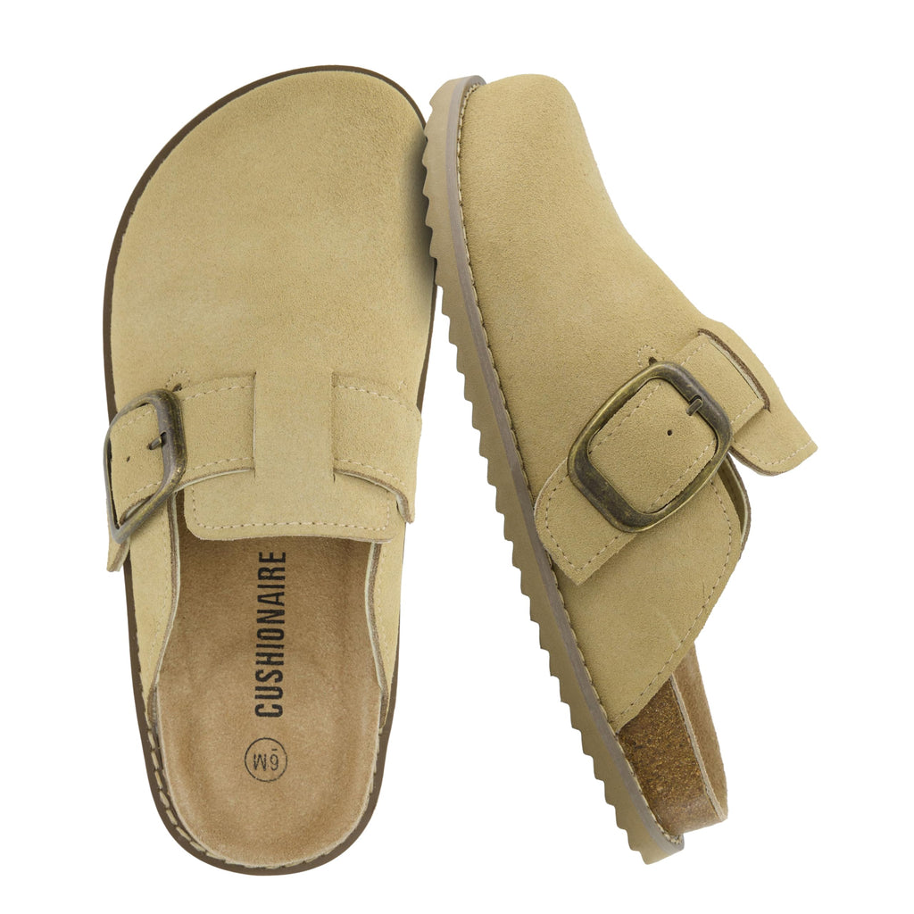 CUSHIONAIRE Blain Genuine Suede Clogs for Women | Slip-On Mules with Memory Foam & Oversized Buckle | Non-Slip Comfort Clogs & Mules Shoes for Women, Sand 10W