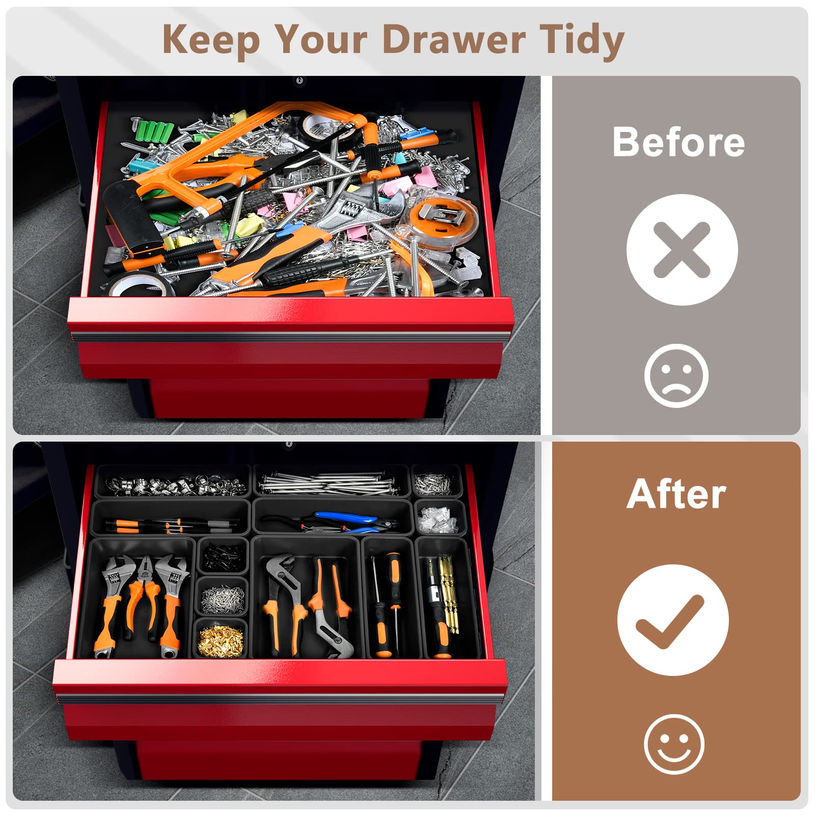 【More Larger Size】A-LUGEI【69 PCS-5 Size】 Tool Box Organizer Tray Divider Set【Black】 Desk Drawer Organizer Bin, Garage Organization and Storage Toolbox for Rolling Tool Chest Cart WorkBench Part Widget