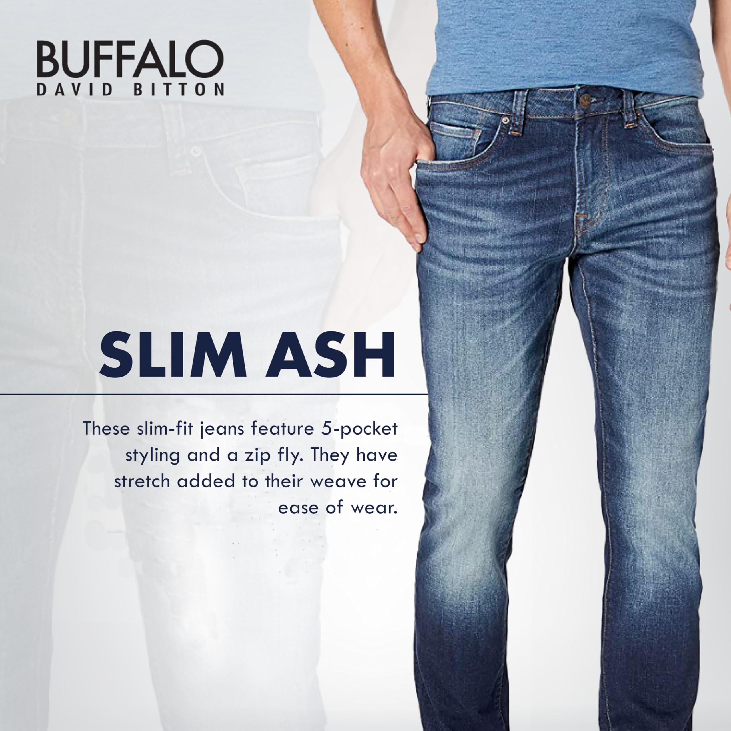 Buffalo David Bitton Men's Slim Ash Jeans, Deep Indigo Wash, 34 x 30