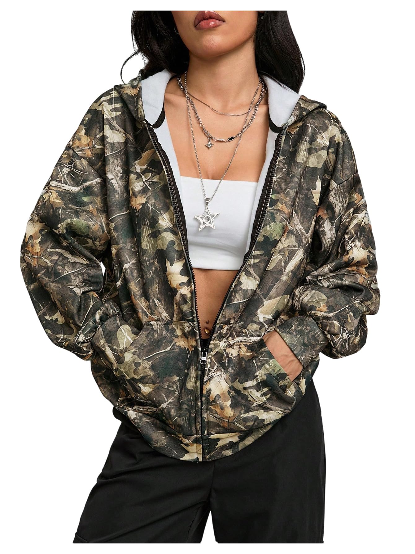 SOLY HUX Women's Y2k Camo Oversized Hoodie Vintage Zip Up Drop Shoulder Streetwear Sweatshirts with Pockets Army Green Camo Medium