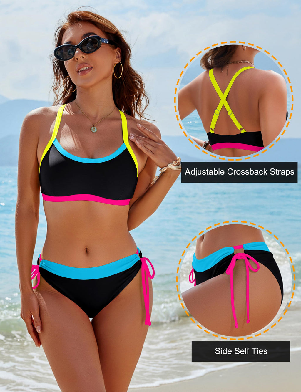 BMJL Womens Bikini Sets Color Block Swimsuits Supportive Wide Strap Two Piece Bathing Suit 2026(L,Black)
