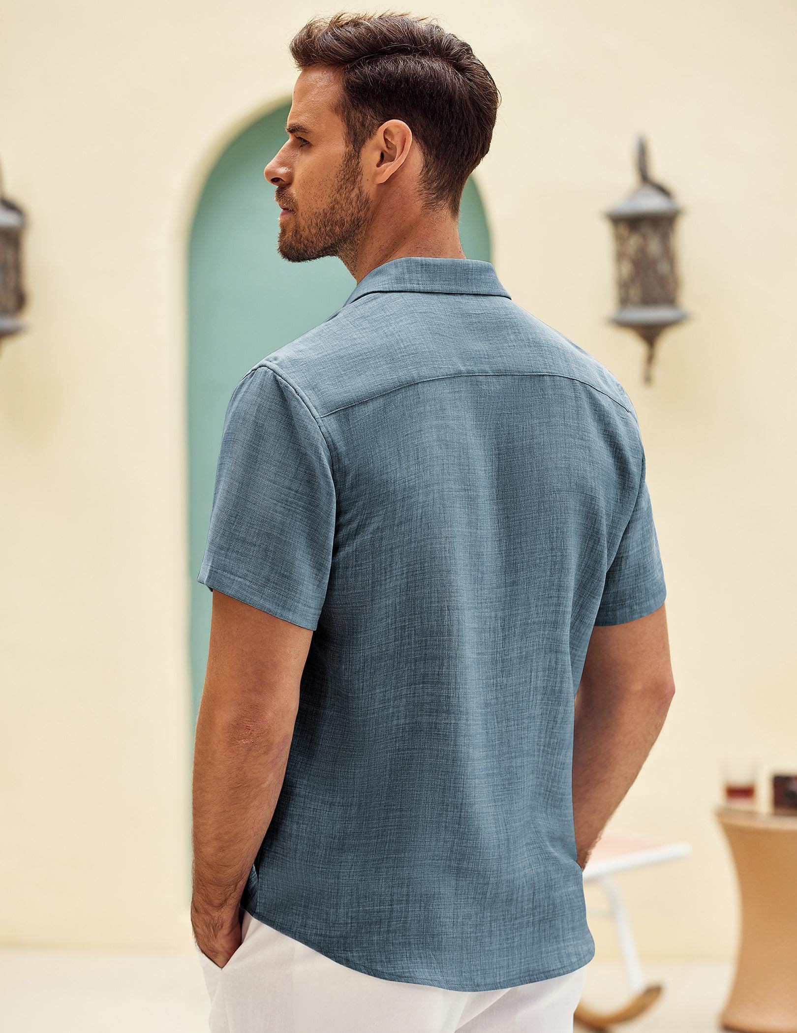 COOFANDY Beach Shirts for Men Short Sleeve Button Up Untucked Linen Summer Shirts Dark Blue