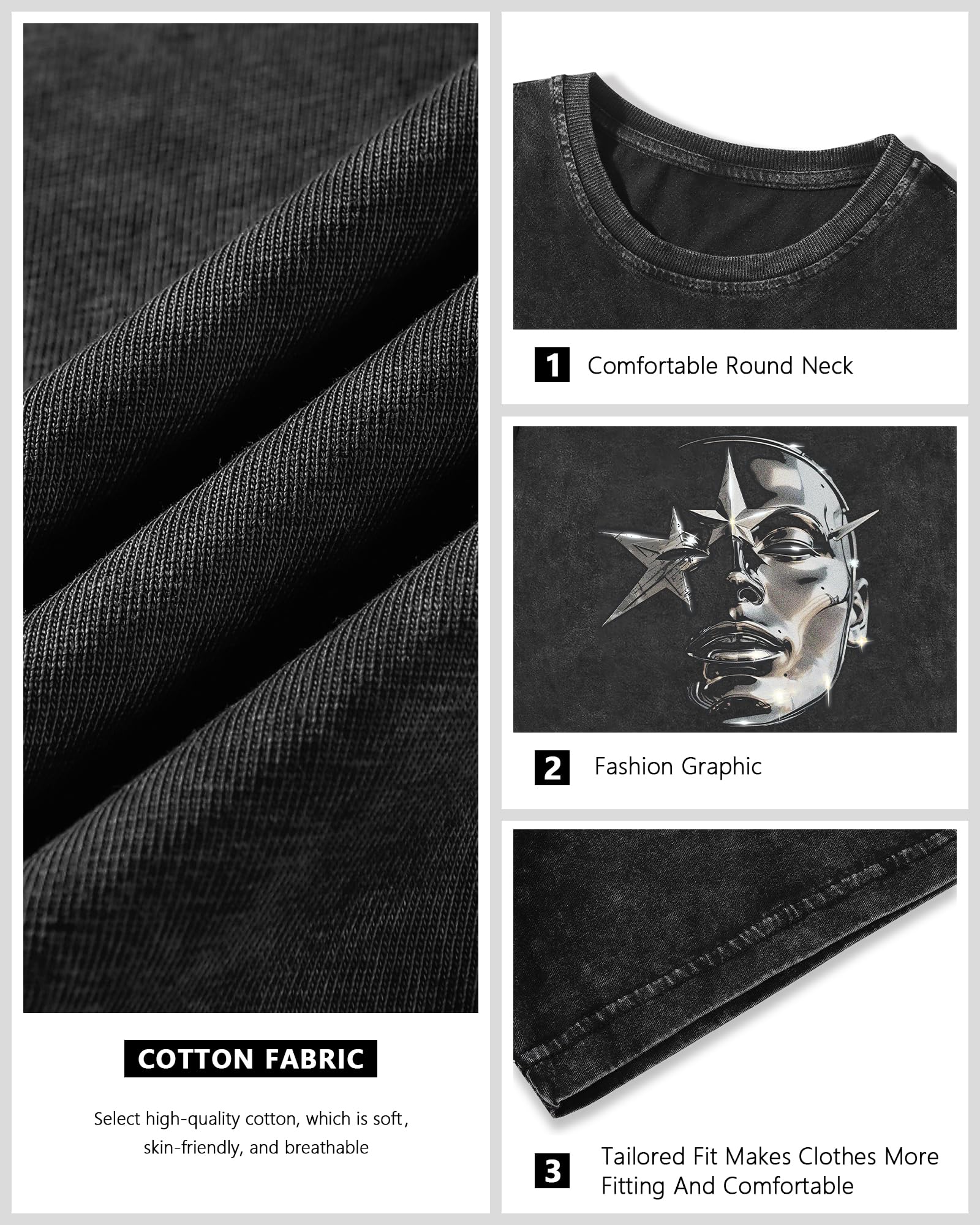 AugYew Men's Graphic Tees Shirt Unisex Cotton Oversized T-Shirt Short Sleeve Vintage Streetwear Casual Tee Top Men,BK,M