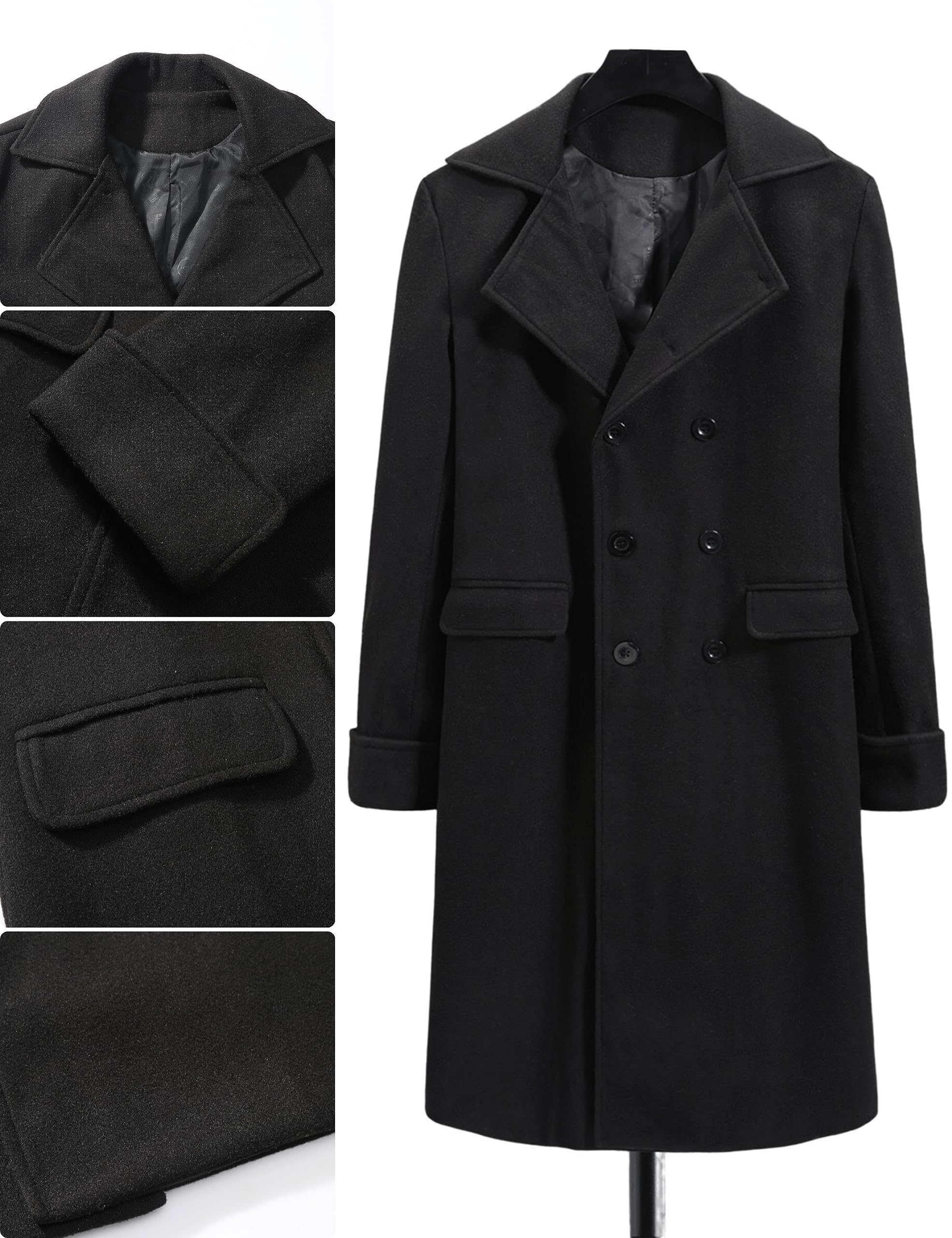 Springrain Men's Pea Coat Double Breasted Overcoat Lapel Coat Classic Long Trench Coat(Black-S)