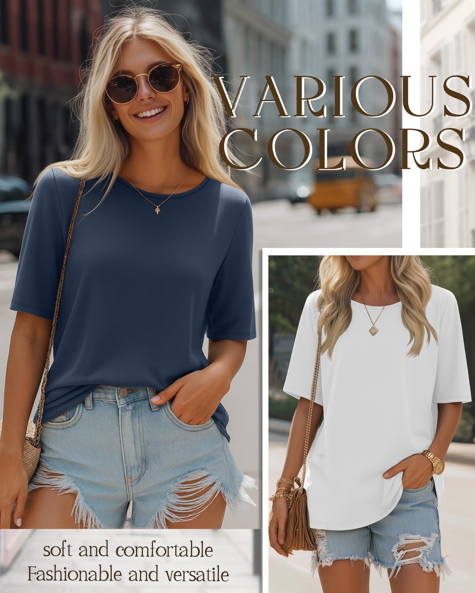 Neer 4 Pack Women's Half Sleeve Top Elbow Length T Shirt Oversized Round Neck Tee Summer Casual Tops(Black, White, Light Gray, Haze Blue,Large)
