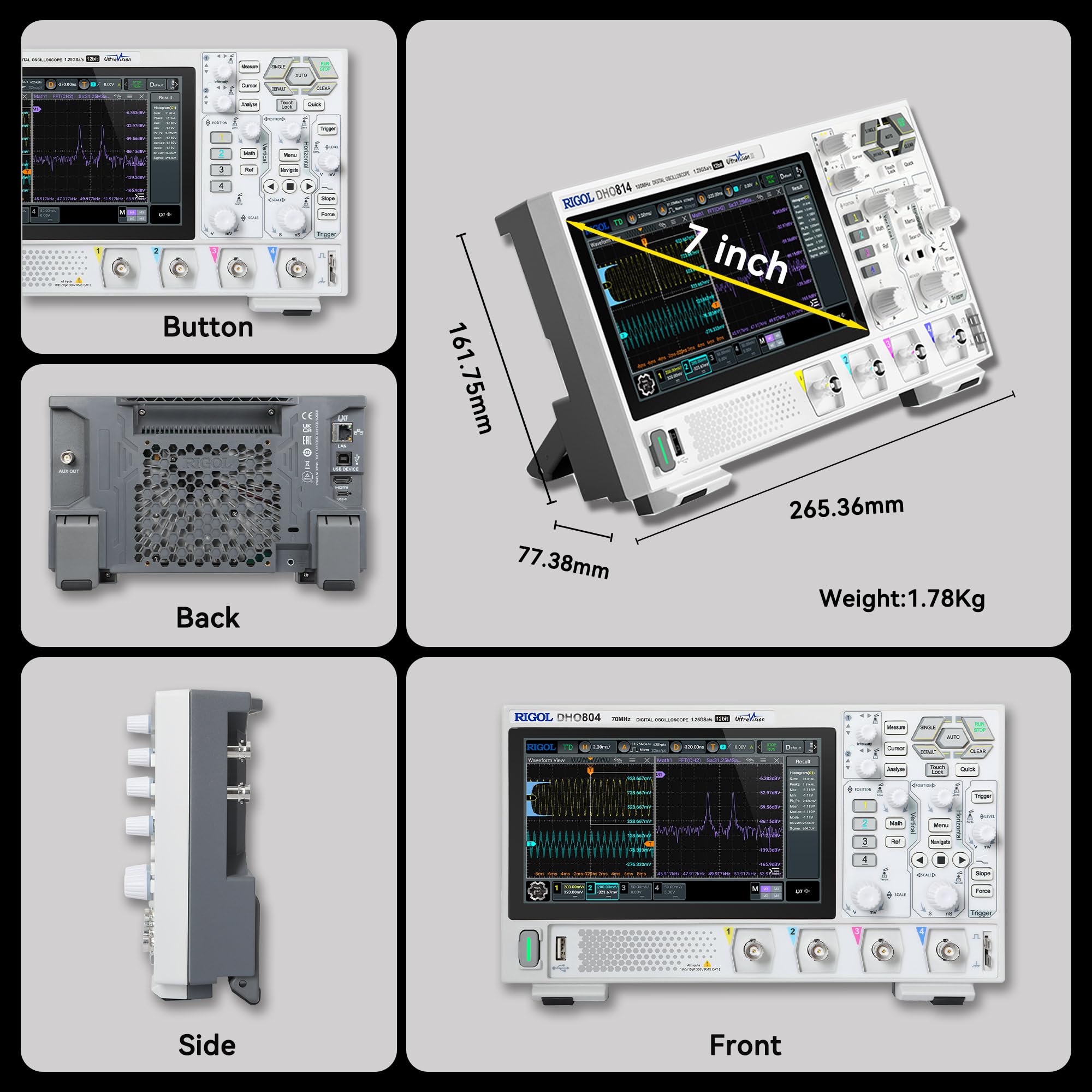 RIGOL Digital Oscilloscope DHO804 70 MHz 4-Ch 1.25 GSa/s 12-bit 25 Mpts UltraAcquire 1,000,000 wfms/s 7" Touch LAN/USB/HDMI Web Control SCPI for Power Ripple Embedded Debug