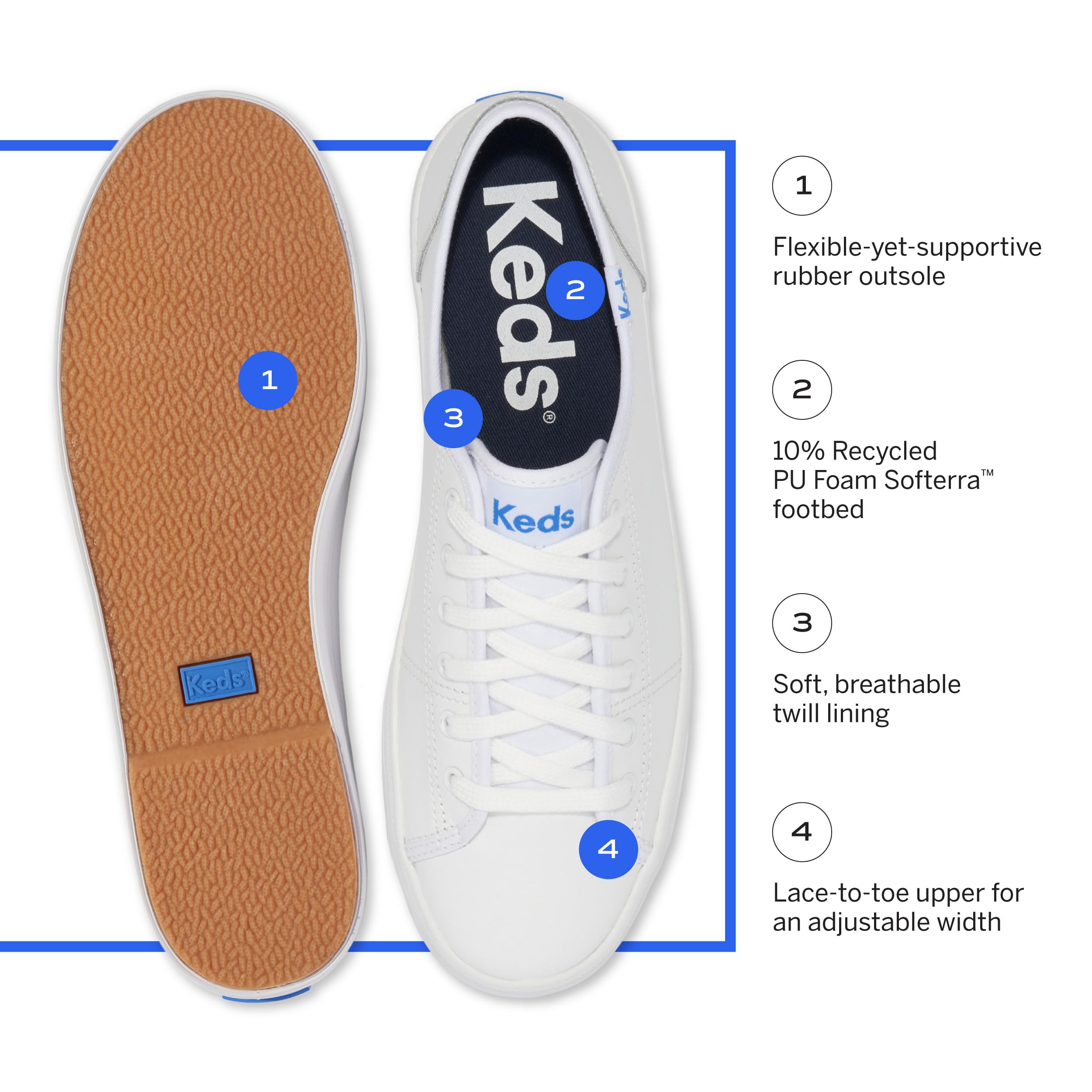 Keds Kickstart Lace Up, Sneaker Womens, White Canvas, 8 Medium