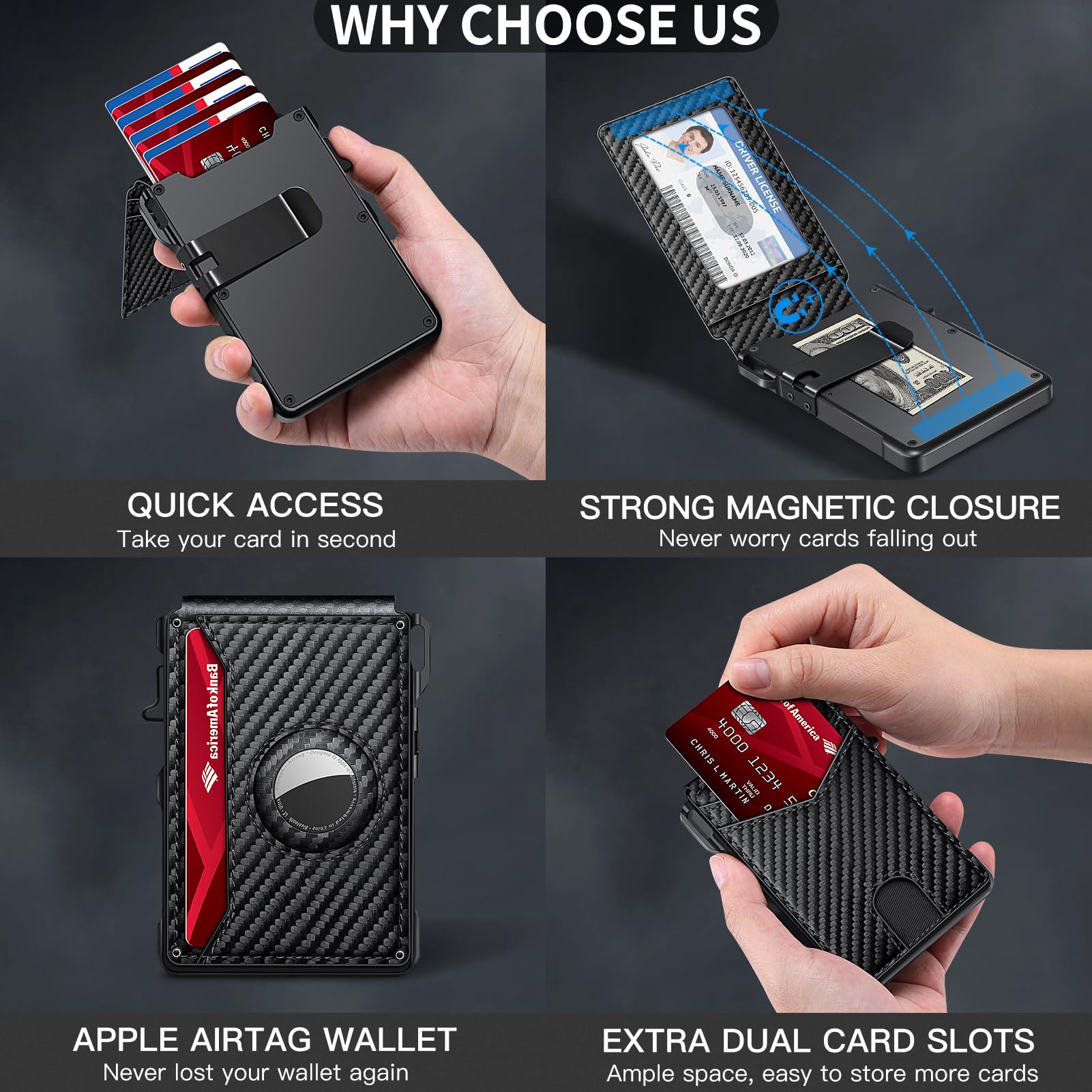 Airtag Wallet for Men, Mens Smart Wallet for Air Tag RFID Blocking, Minimalist Bifold Pop Up Aluminum Credit Card Case Holder 12+ Cards with ID Window, Gift for Men, No Airtag Included, Carbon Fiber