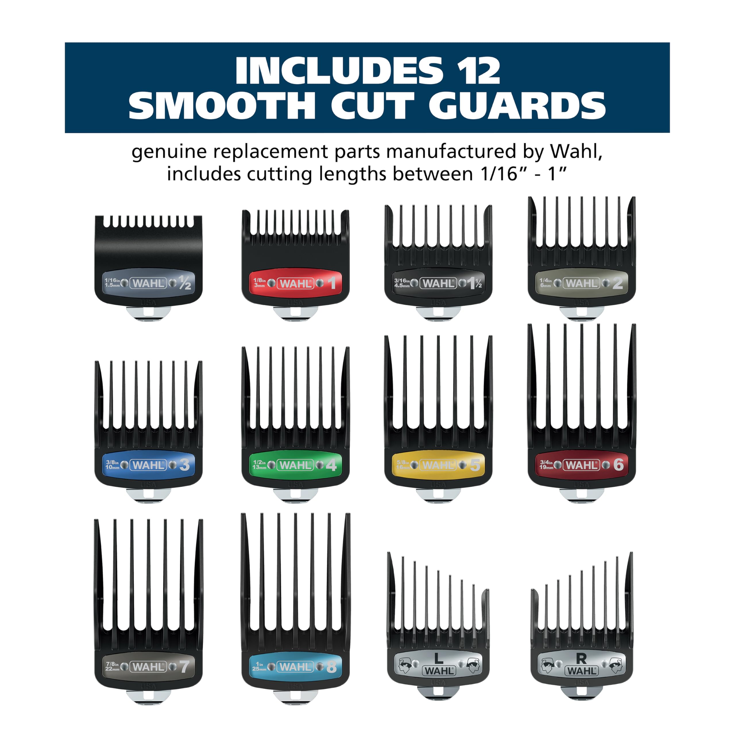 Wahl Genuine SECURE-SNAP® Guide Comb Set with Colored Metal Clips and Guard Organization Caddy, 12 Full Size Attachment Guards from 1/16” to 1” for Increased Cutting Performance Grey - 3291-300