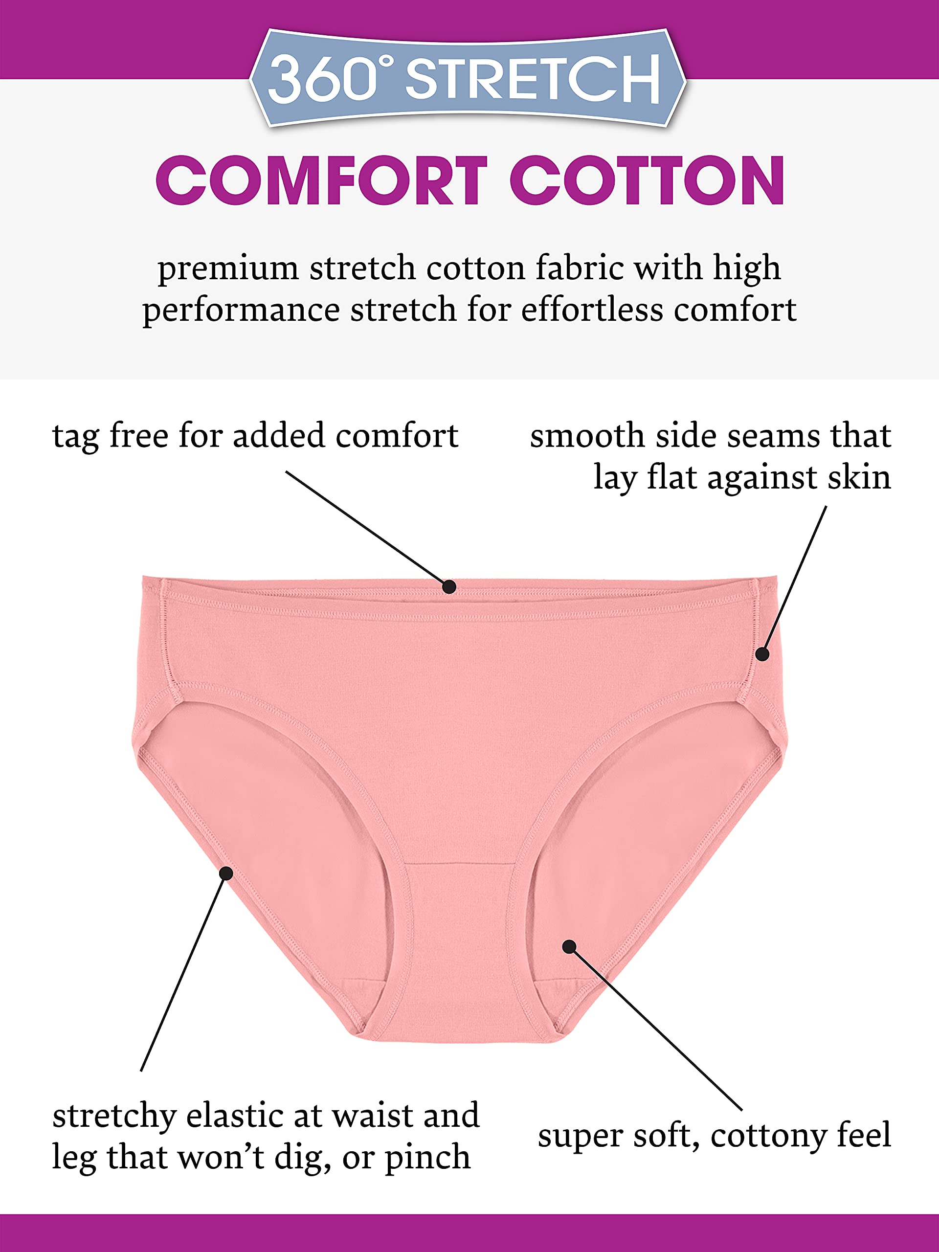 Fruit of the Loom Women's 360° Stretch Underwear, High Performance Stretch for Effortless Comfort, Available in Plus Size, Cotton Blend - Bikini - 6 Pack - Colors May Vary, 9