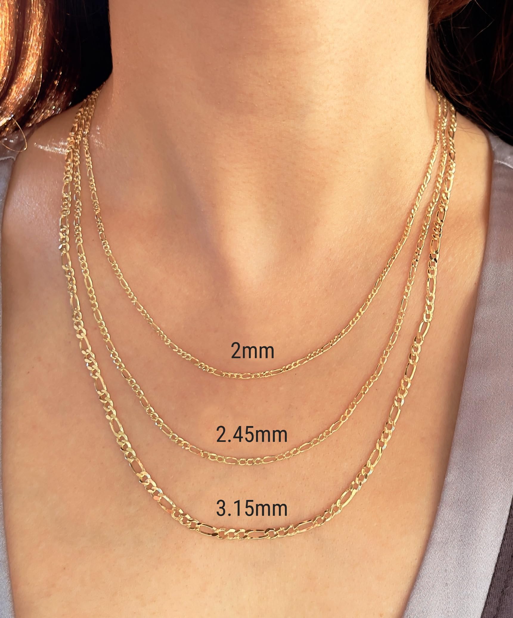 JEWELHEART 14K Real Gold Figaro Chain - 2mm Diamond Cut Cuban Link Figaro Necklace For Men - Yellow Gold Pendant Necklace For Women with Lobster Clasp 18"