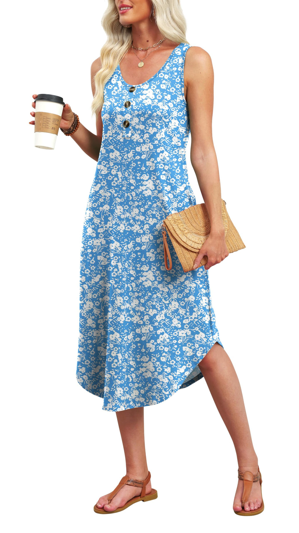 WIHOLL Summer Dresses for Women 2026 Flowy Midi Dresses for Women Hawaiian Beach Vacation Clothes Casual Spring Dress Cruise Outfits Resort Wear Maxi Sun Dress Sundresses Blue Floral Print XL